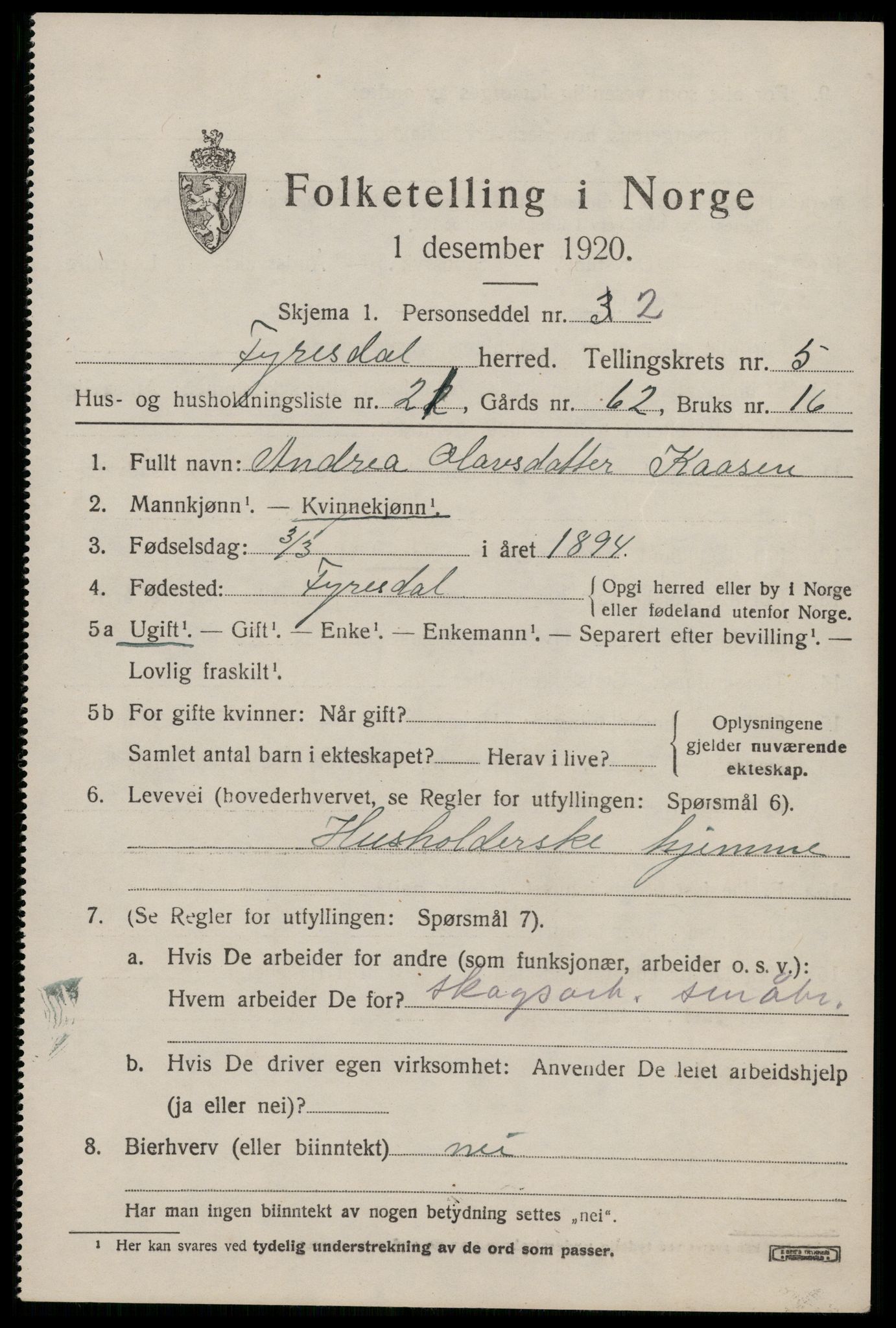 SAKO, 1920 census for Fyresdal, 1920, p. 2295