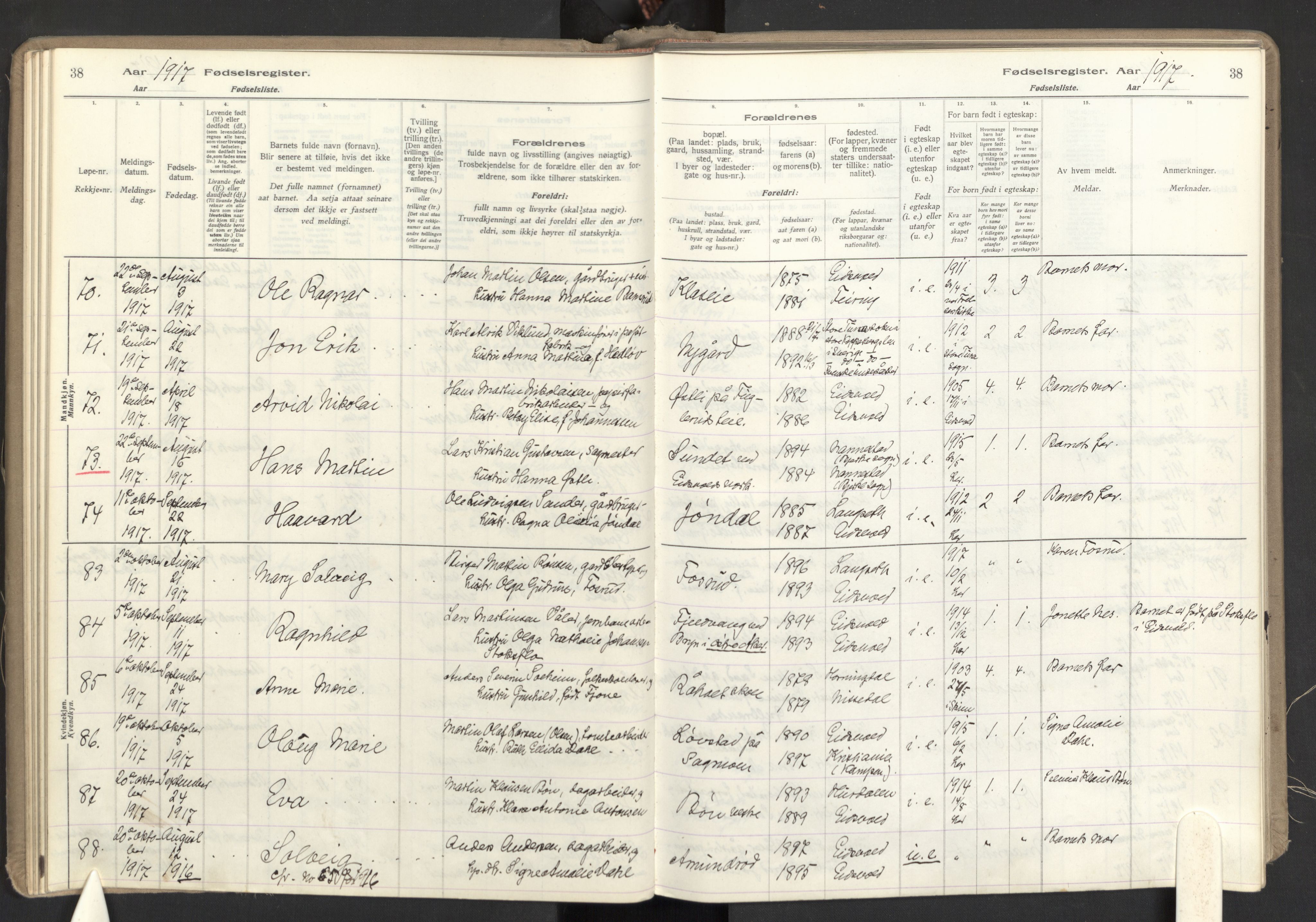 Eidsvoll prestekontor Kirkebøker, SAO/A-10888: Birth register no. I 1, 1916-1924, p. 38