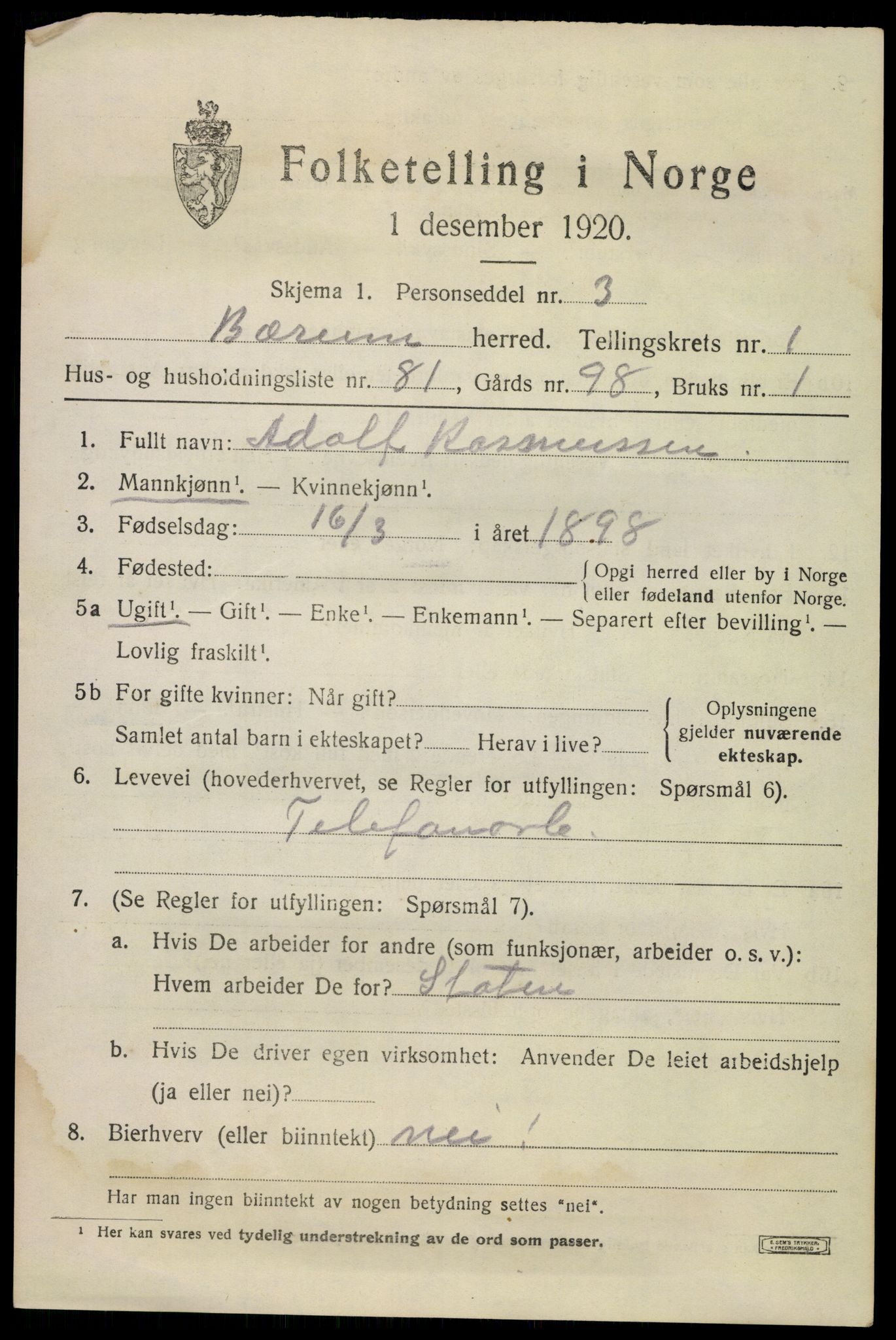 SAO, 1920 census for Bærum, 1920, p. 6118