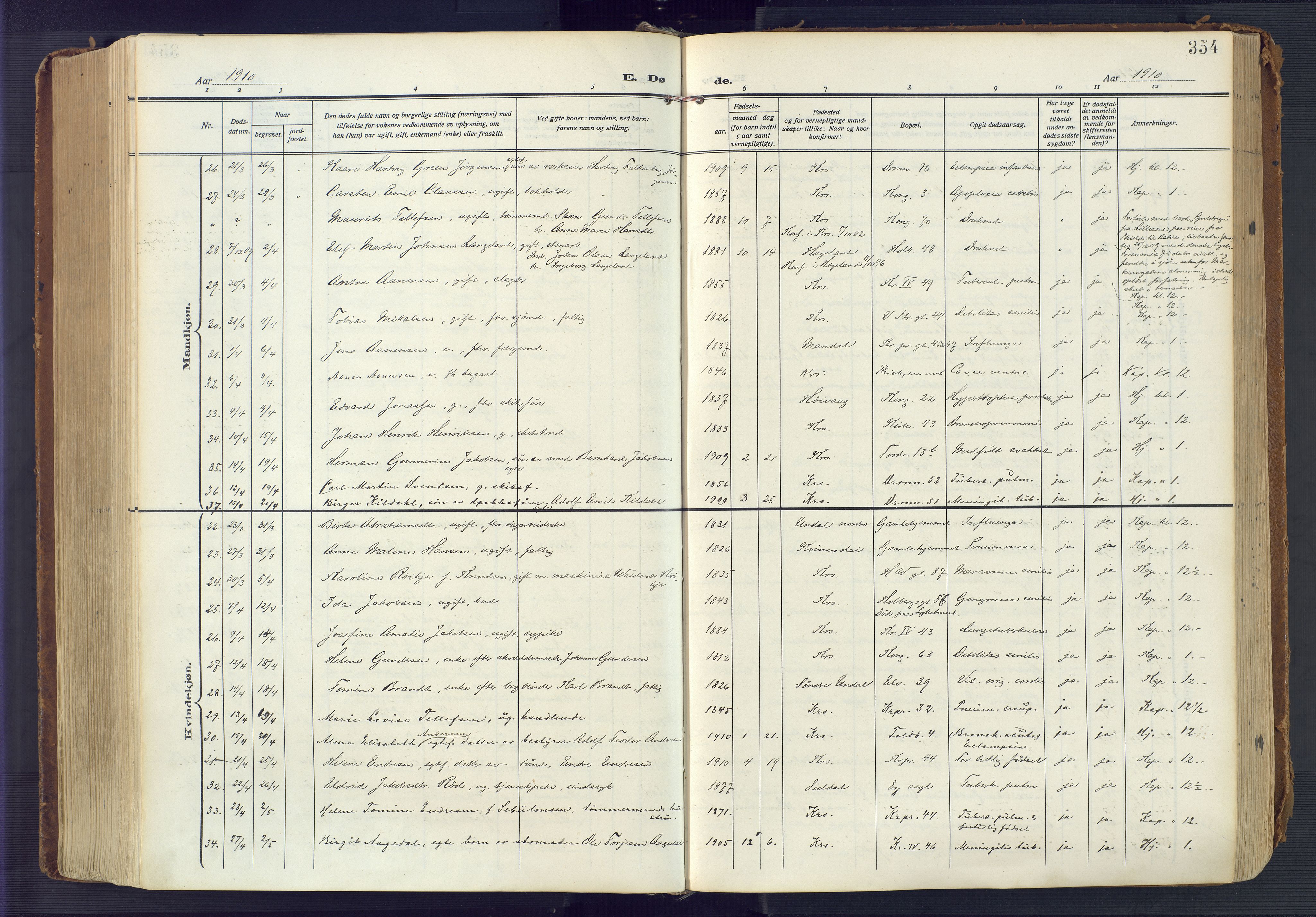 Kristiansand domprosti, AV/SAK-1112-0006/F/Fa/L0023: Parish register (official) no. A 22, 1909-1917, p. 354