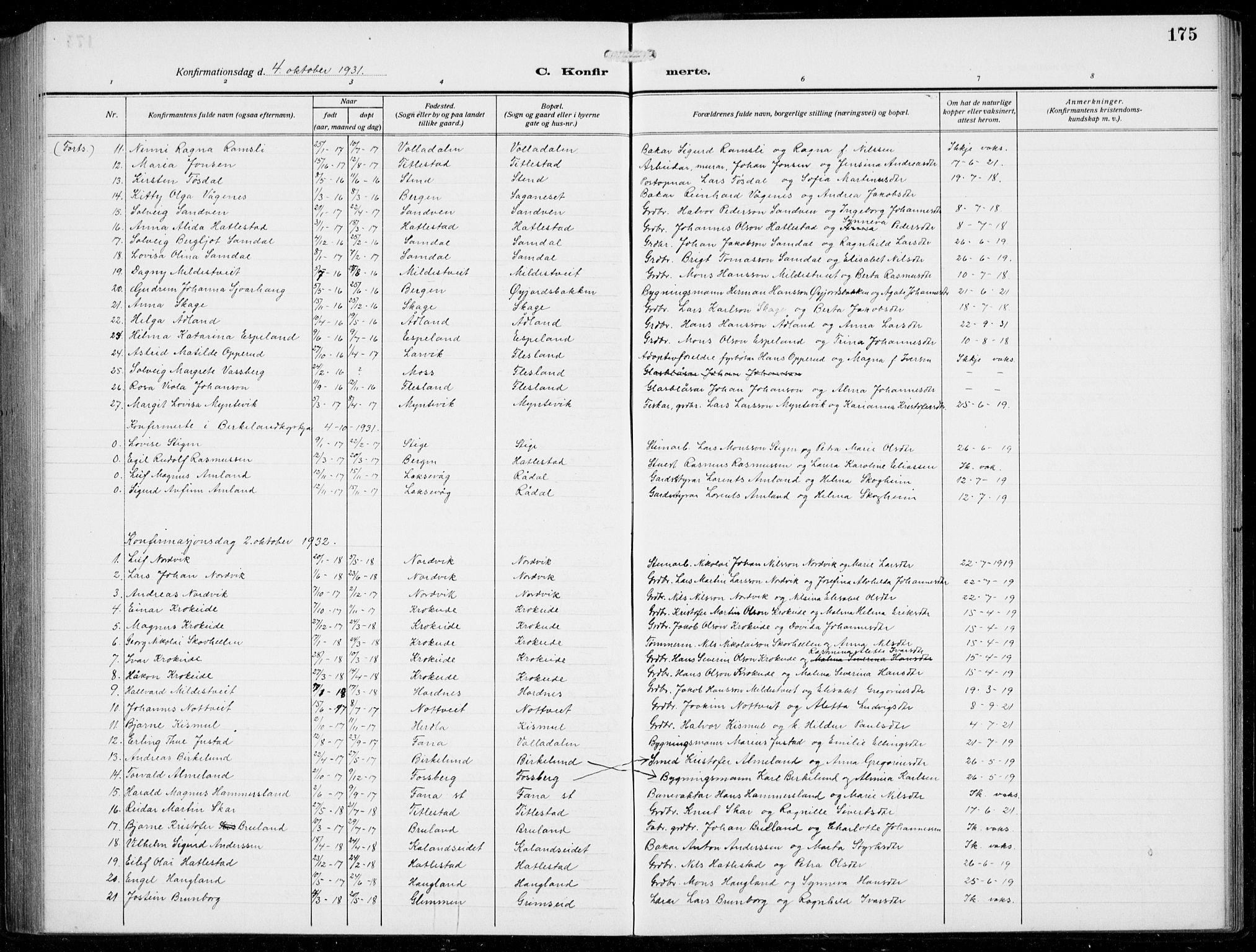 Fana Sokneprestembete, AV/SAB-A-75101/H/Hab/Haba/L0005: Parish register (copy) no. A 5, 1911-1932, p. 175