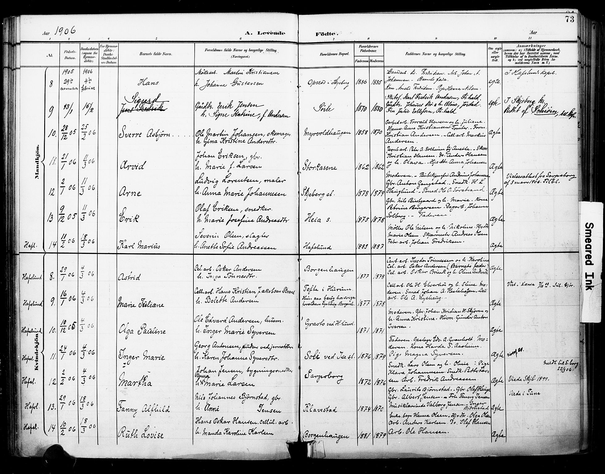 Skjeberg prestekontor Kirkebøker, AV/SAO-A-10923/F/Fa/L0010: Parish register (official) no. I 10, 1898-1911, p. 73