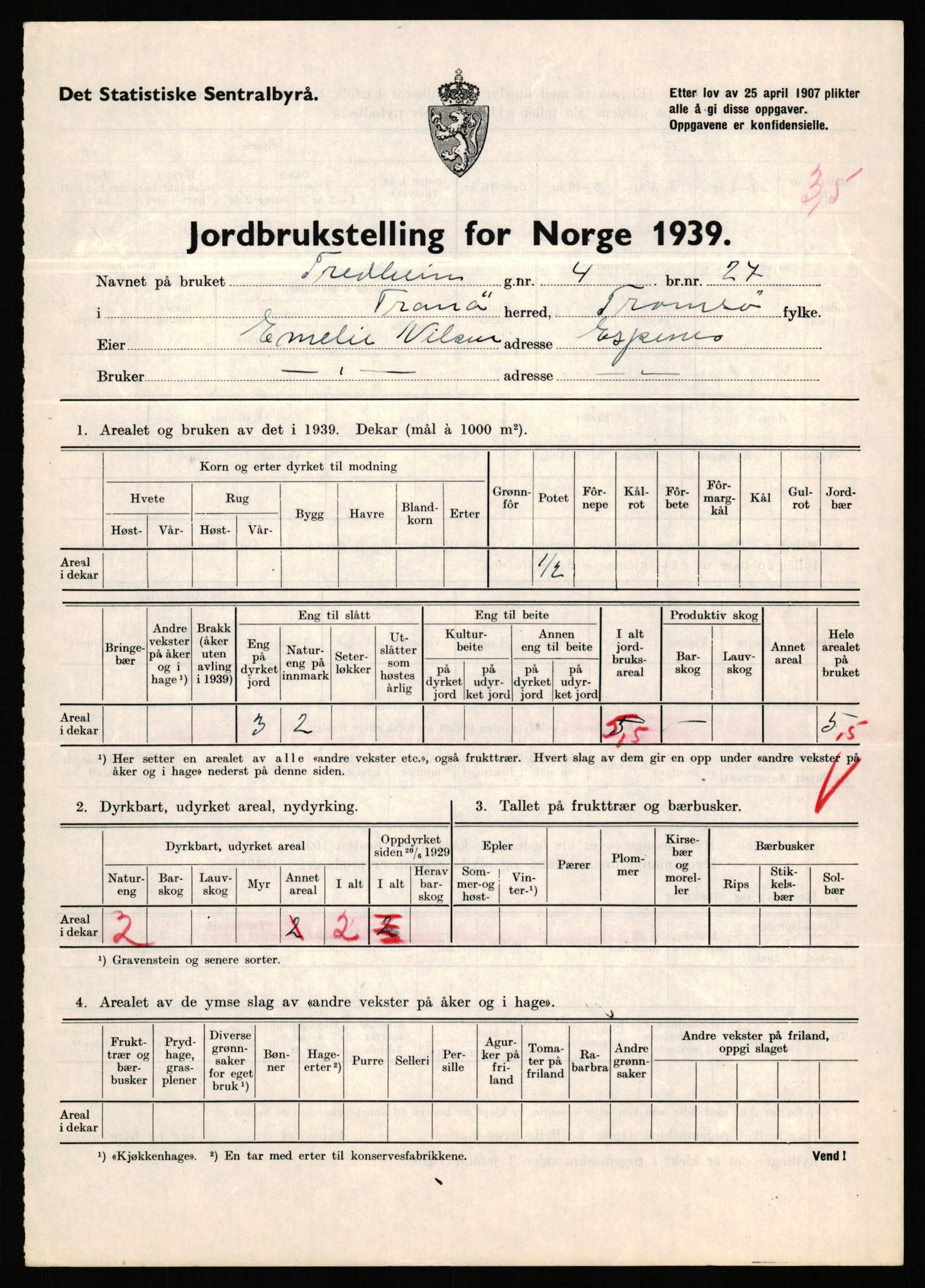 Statistisk sentralbyrå, Næringsøkonomiske emner, Jordbruk, skogbruk, jakt, fiske og fangst, AV/RA-S-2234/G/Gb/L0341: Troms: Sørreisa og Tranøy, 1939, p. 906