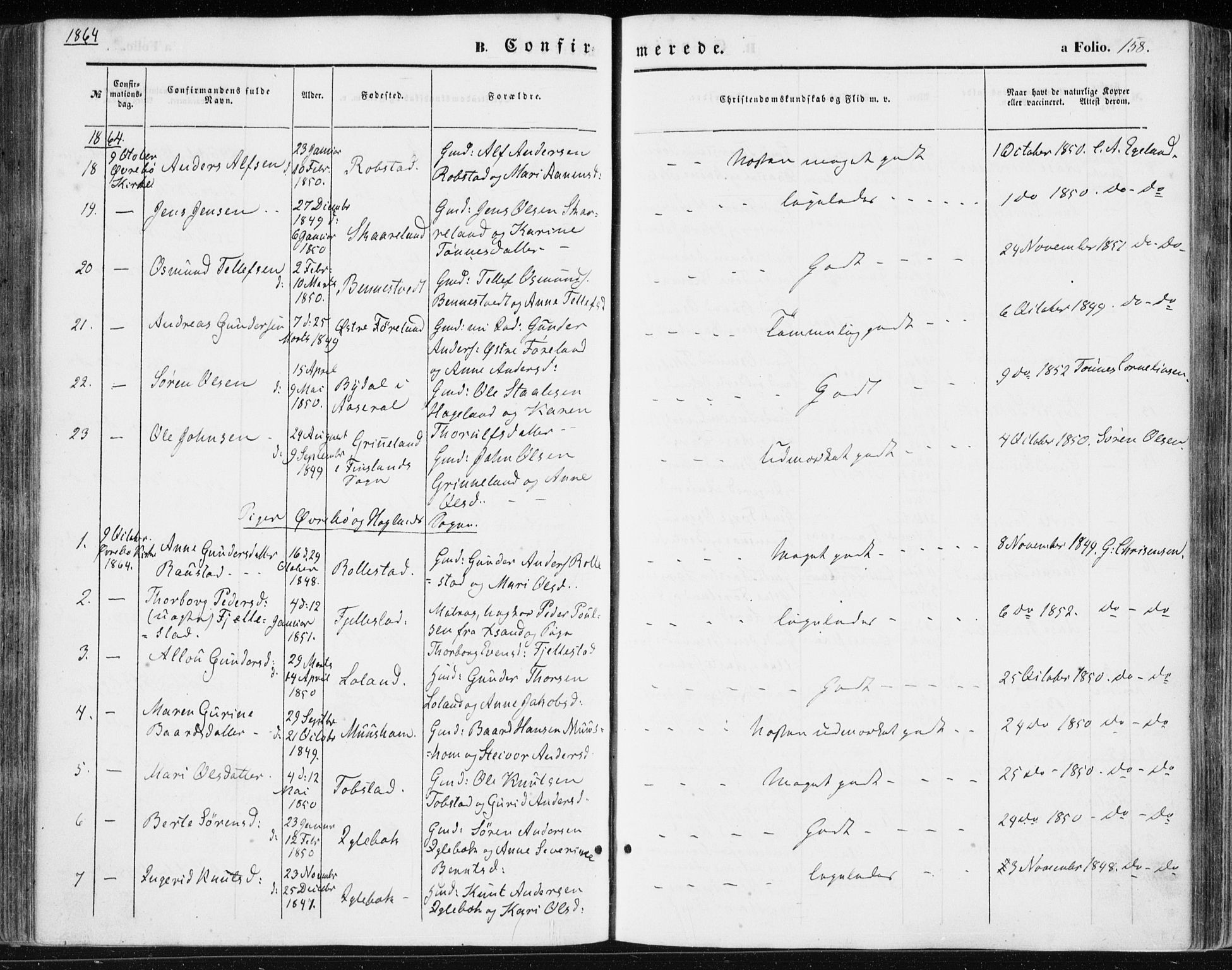 Vennesla sokneprestkontor, SAK/1111-0045/Fa/Fac/L0007: Parish register (official) no. A 7, 1855-1873, p. 158