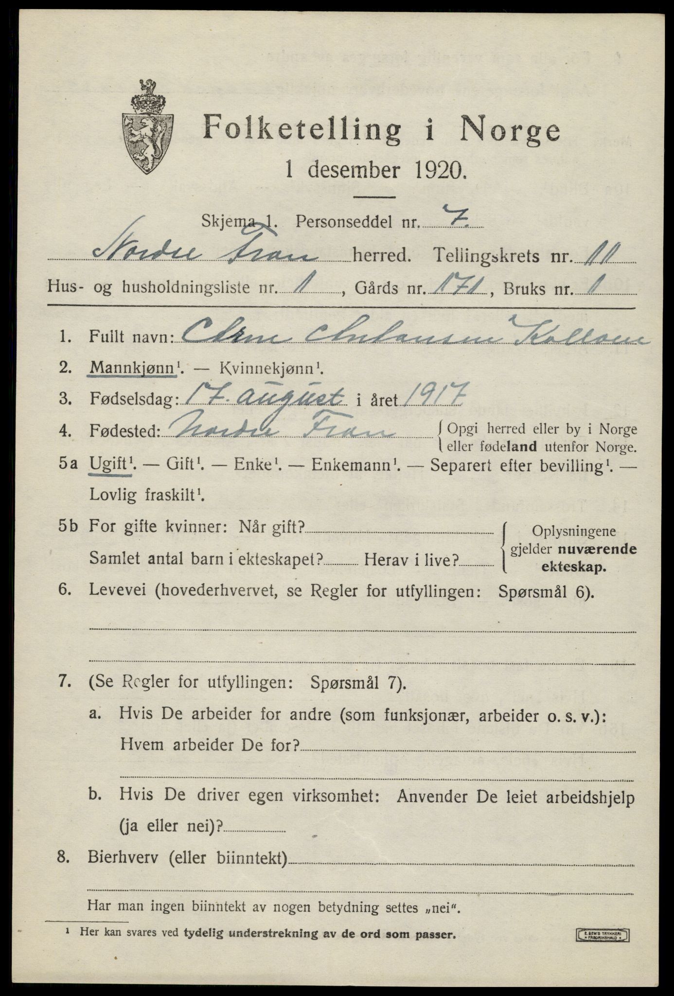 SAH, 1920 census for Nord-Fron, 1920, p. 9398