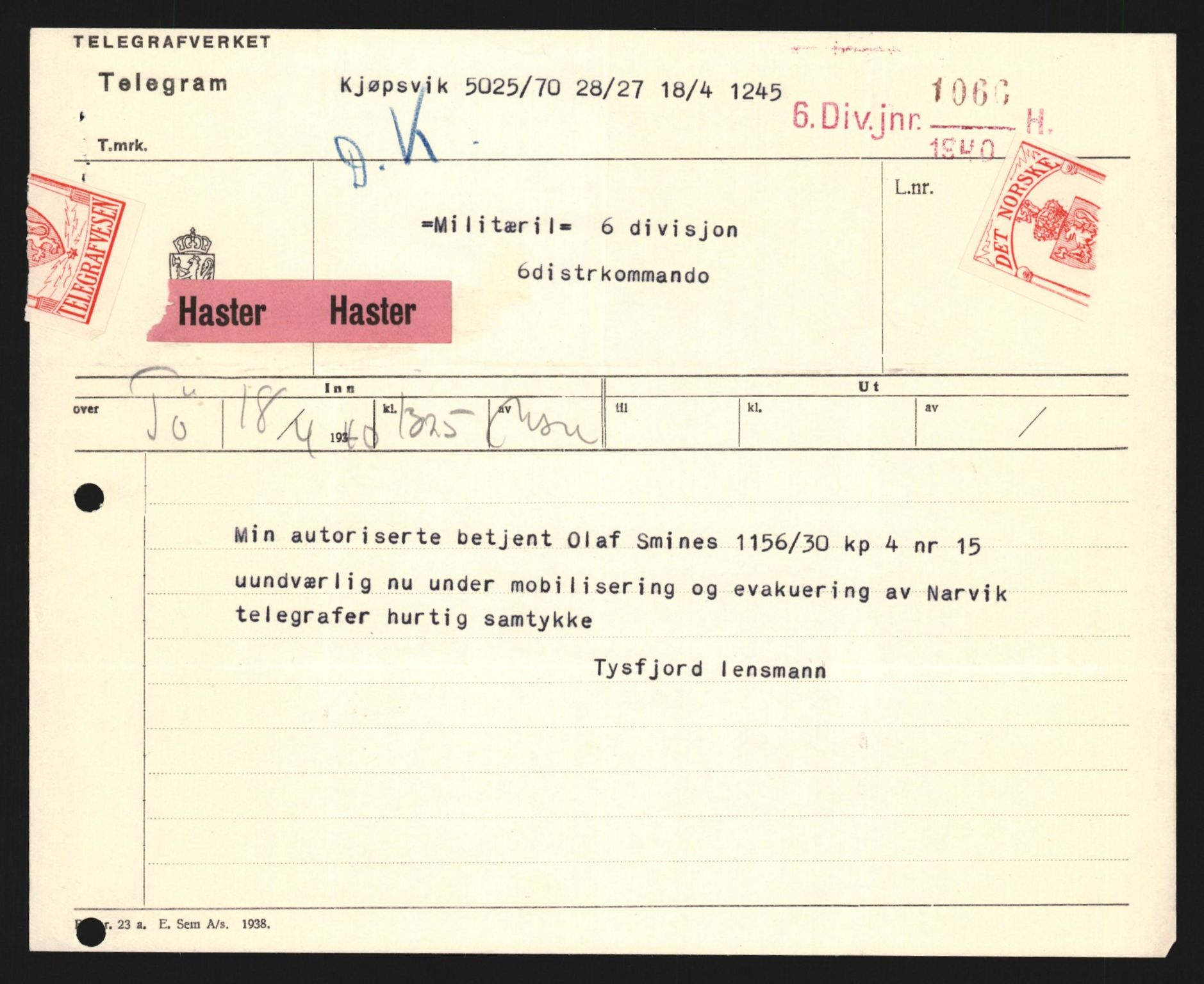 Forsvaret, Forsvarets krigshistoriske avdeling, AV/RA-RAFA-2017/Y/Yb/L0122: II-C-11-600  -  6. Divisjon med avdelinger, 1940, p. 79