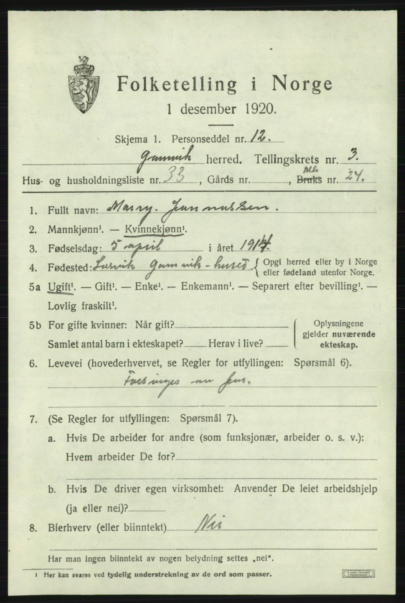 SATØ, 1920 census for Gamvik, 1920, p. 2872