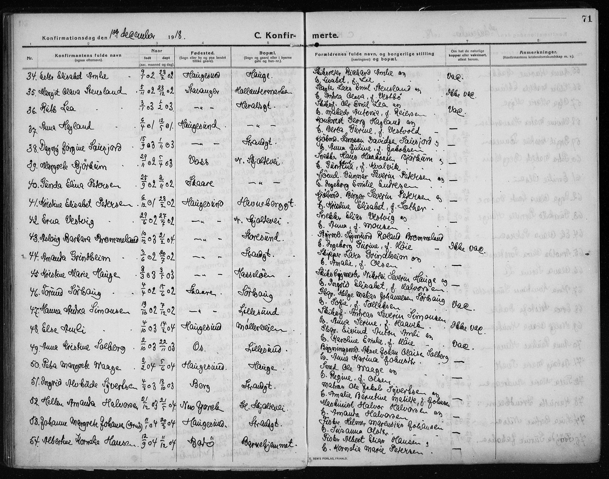 Haugesund sokneprestkontor, AV/SAST-A -101863/H/Ha/Haa/L0009: Parish register (official) no. A 9, 1914-1929, p. 71