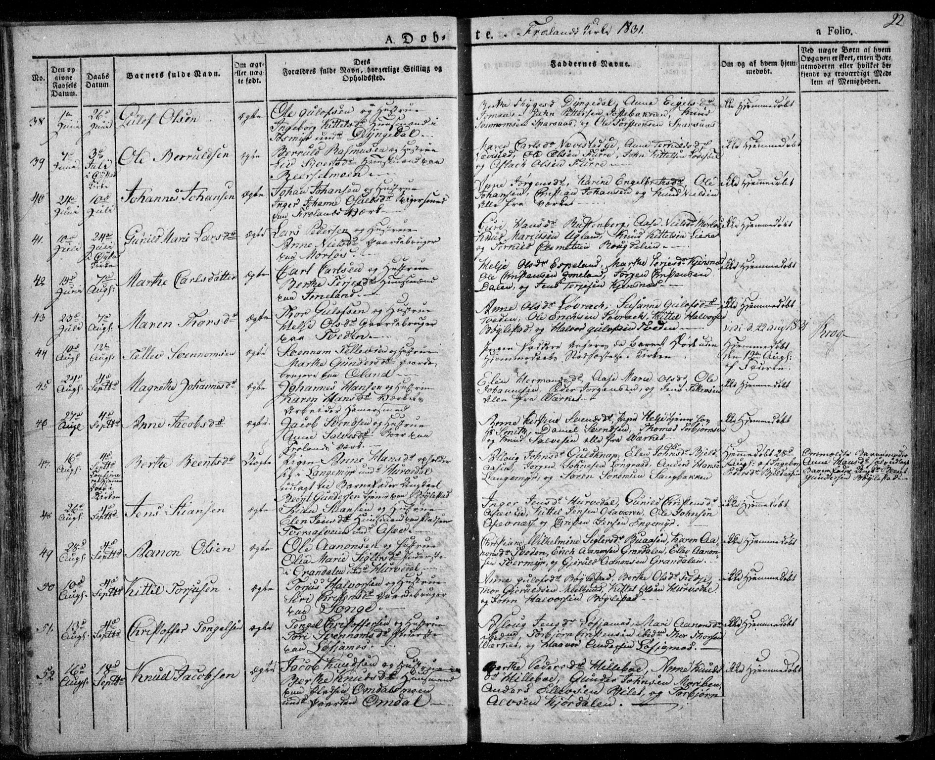 Froland sokneprestkontor, AV/SAK-1111-0013/F/Fa/L0001: Parish register (official) no. A 1, 1827-1844, p. 22