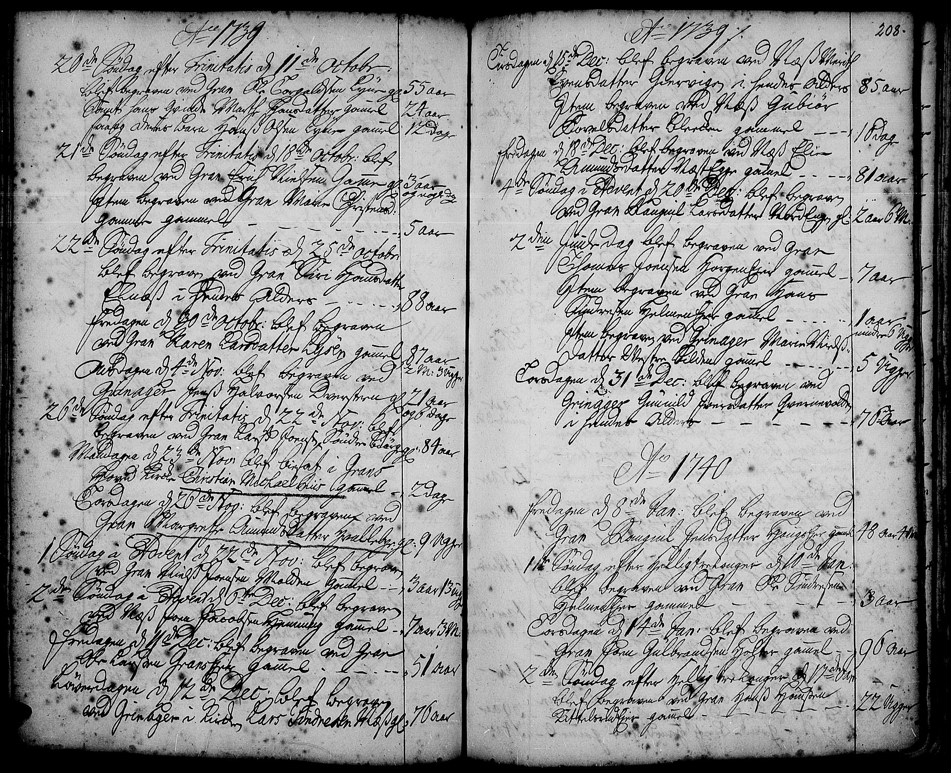 Gran prestekontor, SAH/PREST-112/H/Ha/Haa/L0002: Parish register (official) no. 2, 1732-1744, p. 208