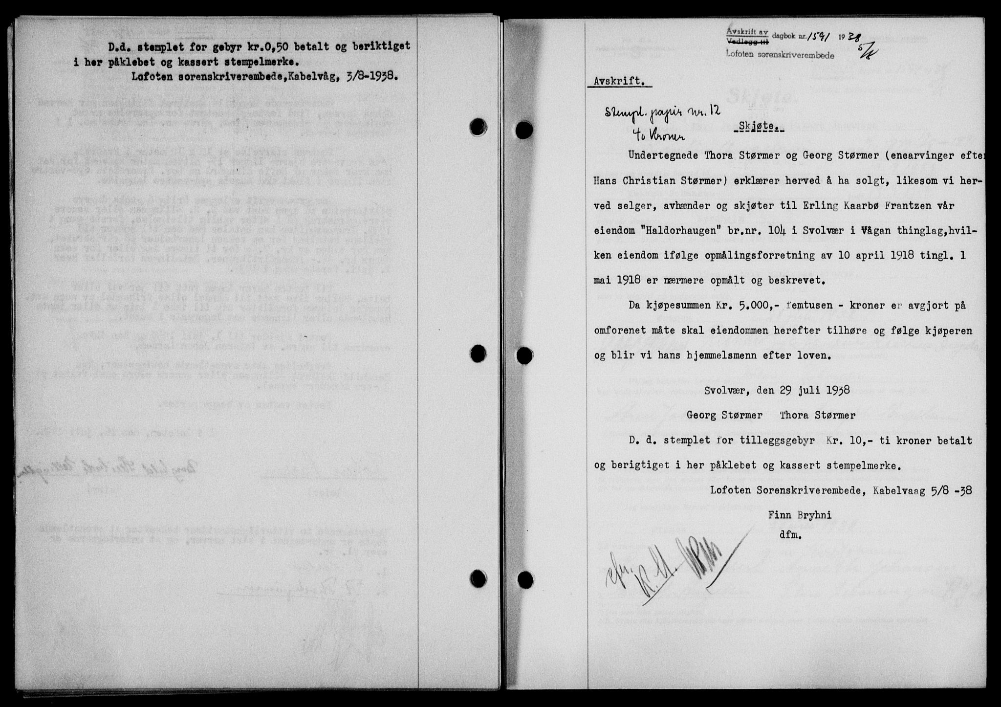 Lofoten sorenskriveri, SAT/A-0017/1/2/2C/L0004a: Mortgage book no. 4a, 1938-1938, Diary no: : 1591/1938