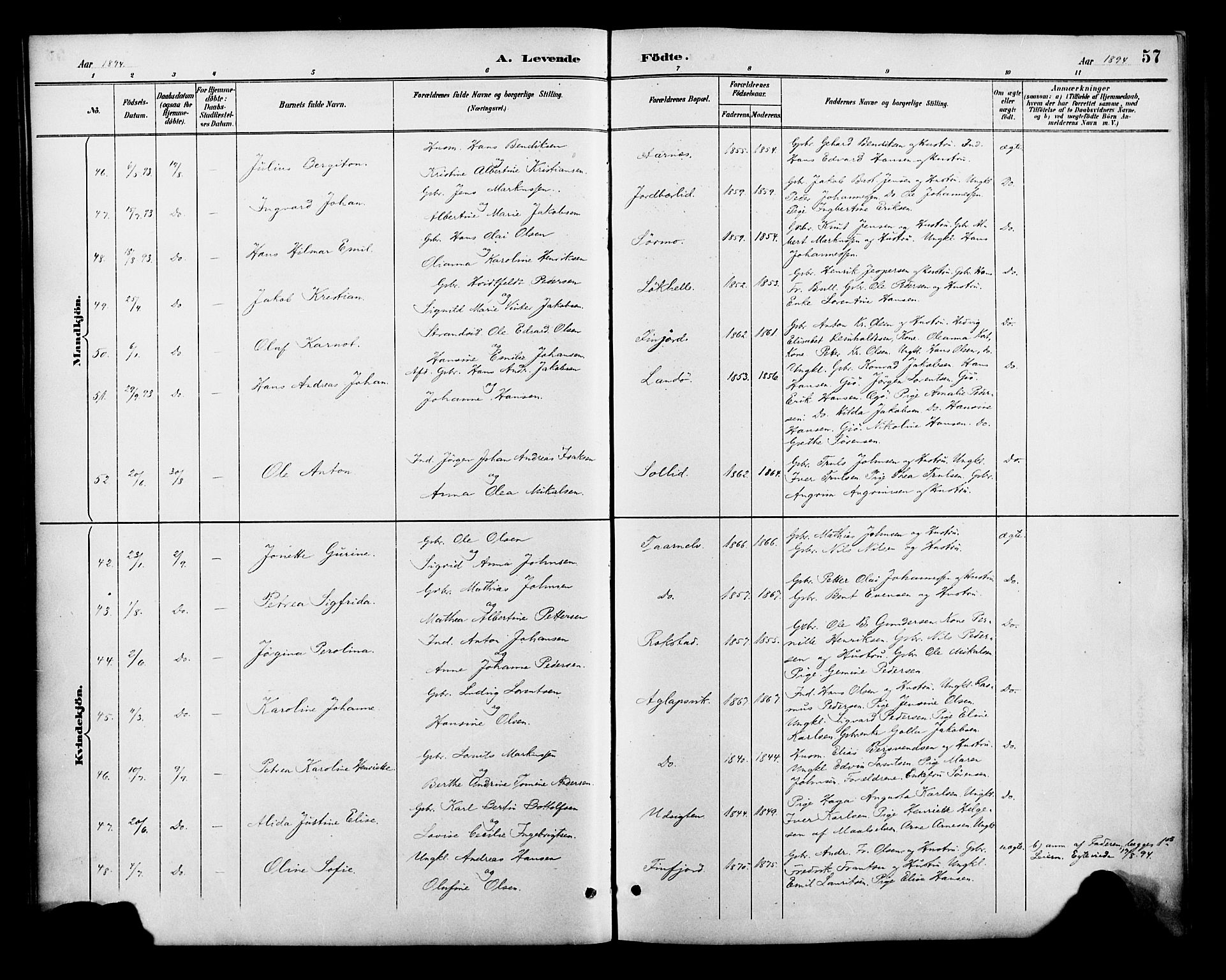 Lenvik sokneprestembete, SATØ/S-1310/H/Ha/Haa/L0013kirke: Parish register (official) no. 13, 1890-1898, p. 57