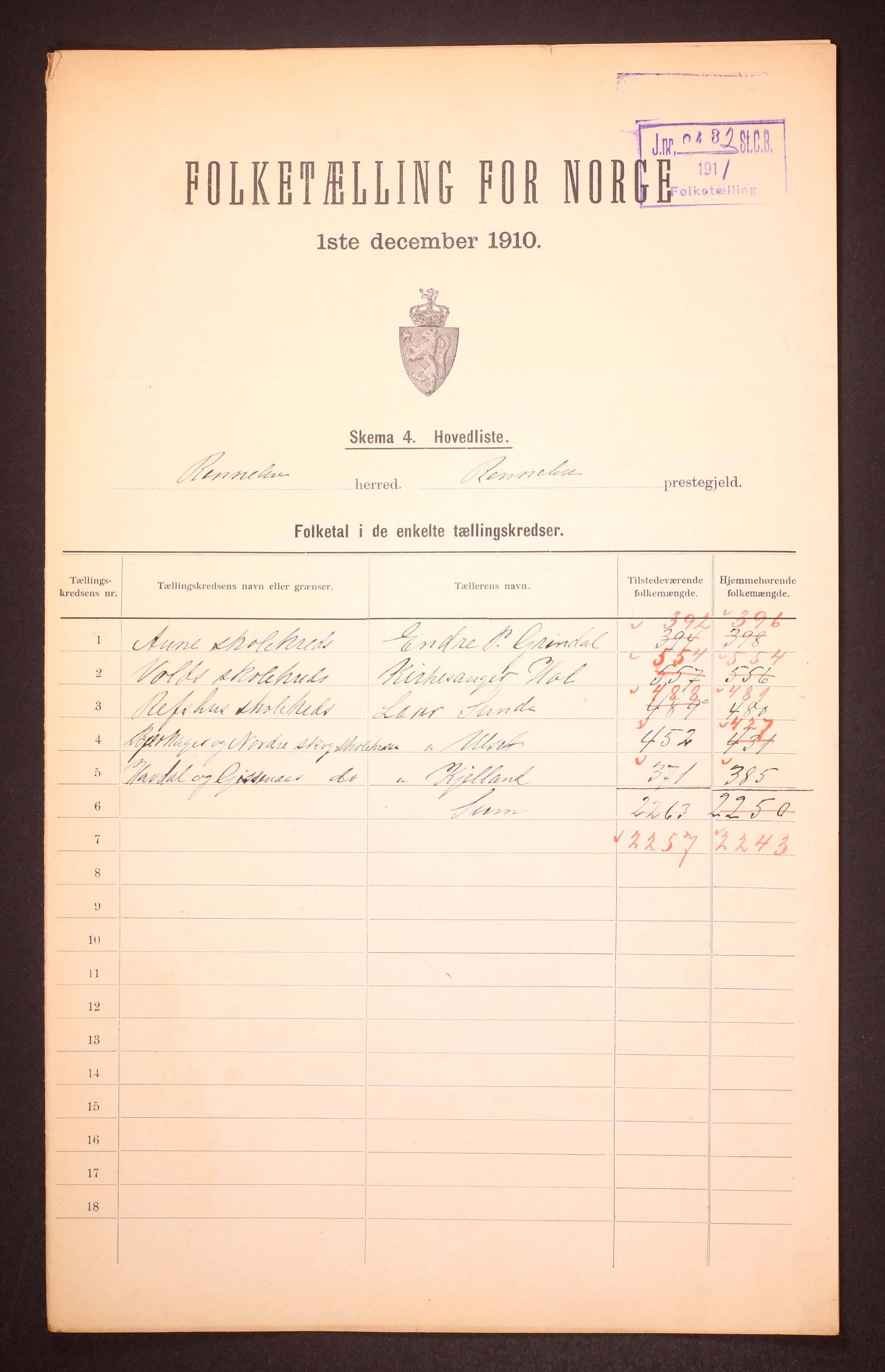 RA, 1910 census for Rennebu, 1910, p. 2