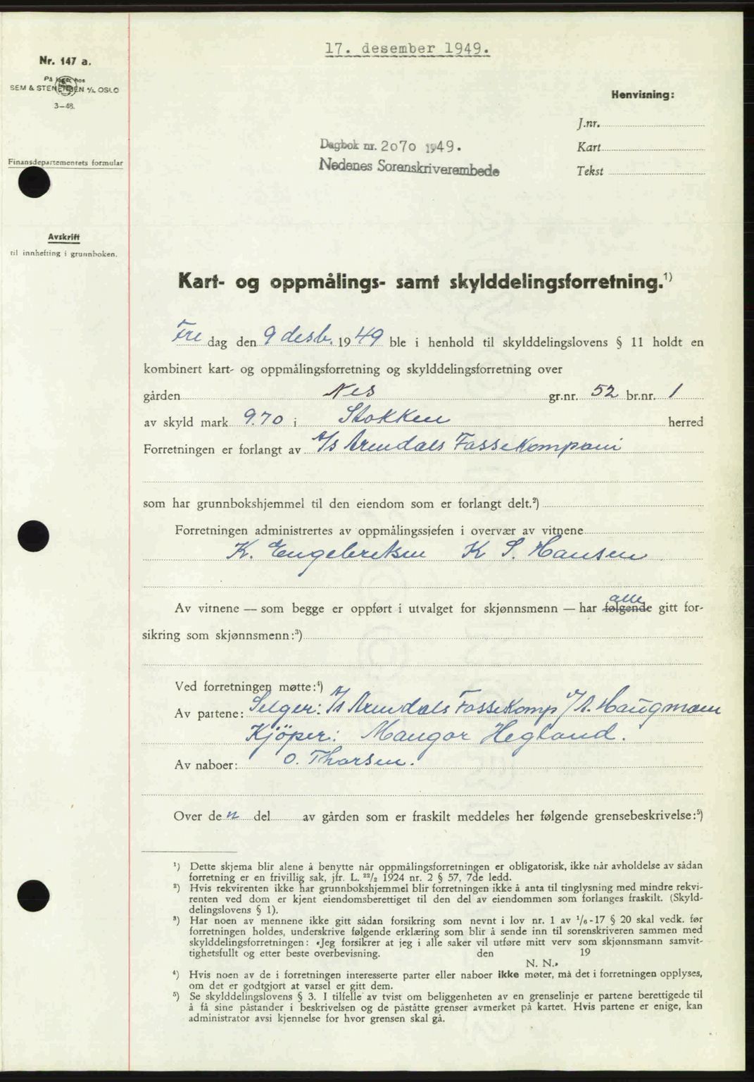 Nedenes sorenskriveri, AV/SAK-1221-0006/G/Gb/Gba/L0062: Mortgage book no. A14, 1949-1950, Diary no: : 2070/1949