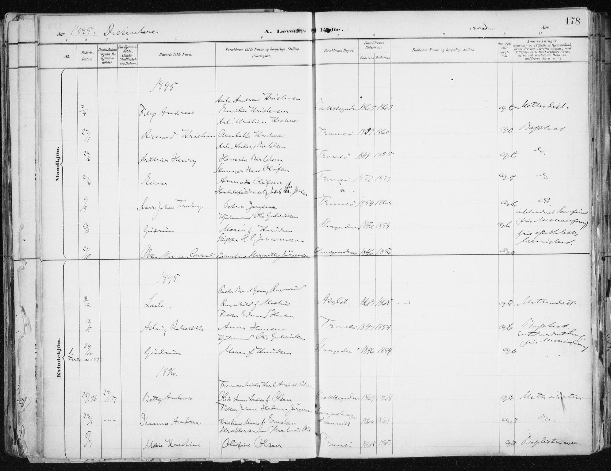 Tromsø sokneprestkontor/stiftsprosti/domprosti, SATØ/S-1343/G/Ga/L0015kirke: Parish register (official) no. 15, 1889-1899, p. 178