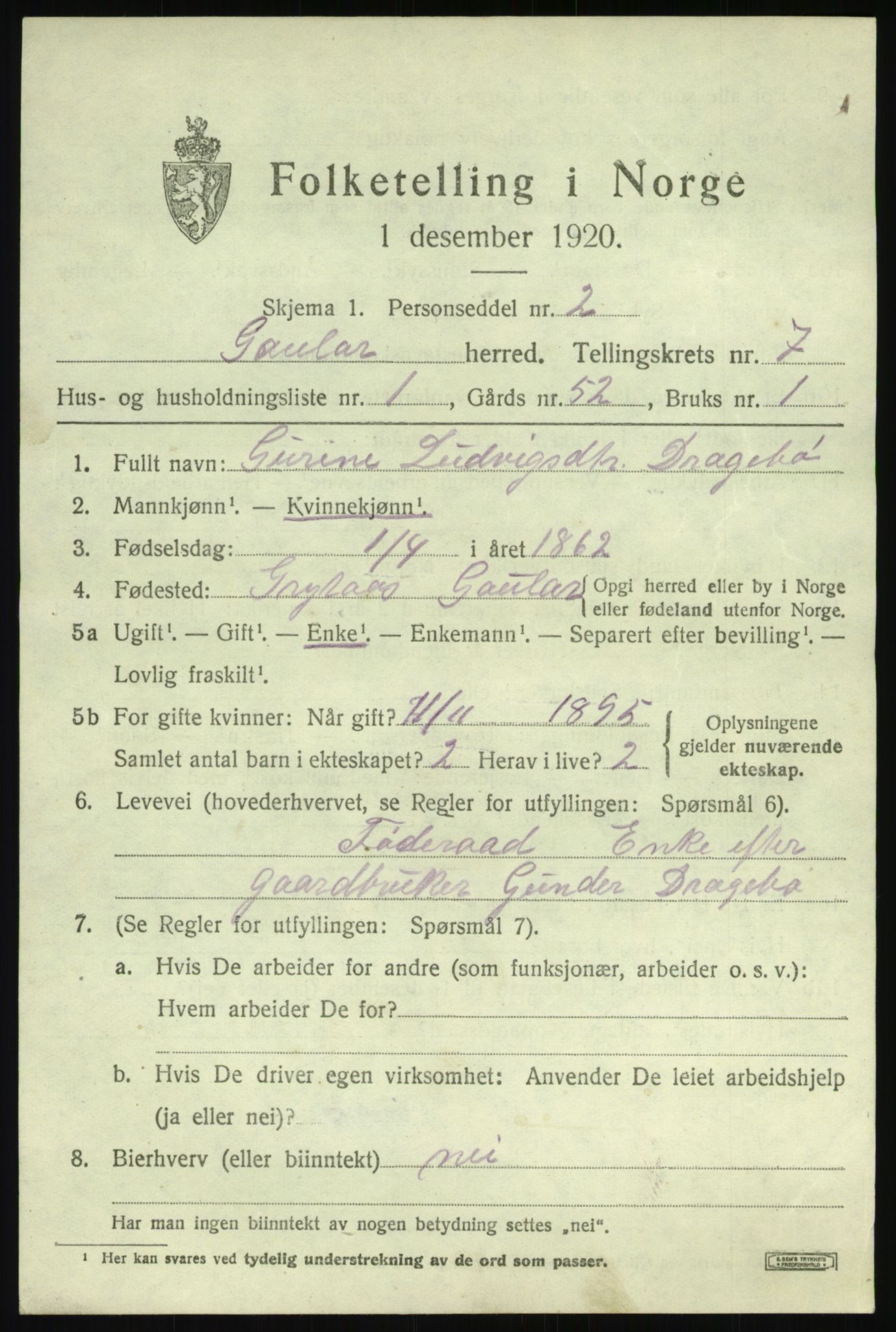 SAB, 1920 census for Gaular, 1920, p. 3444