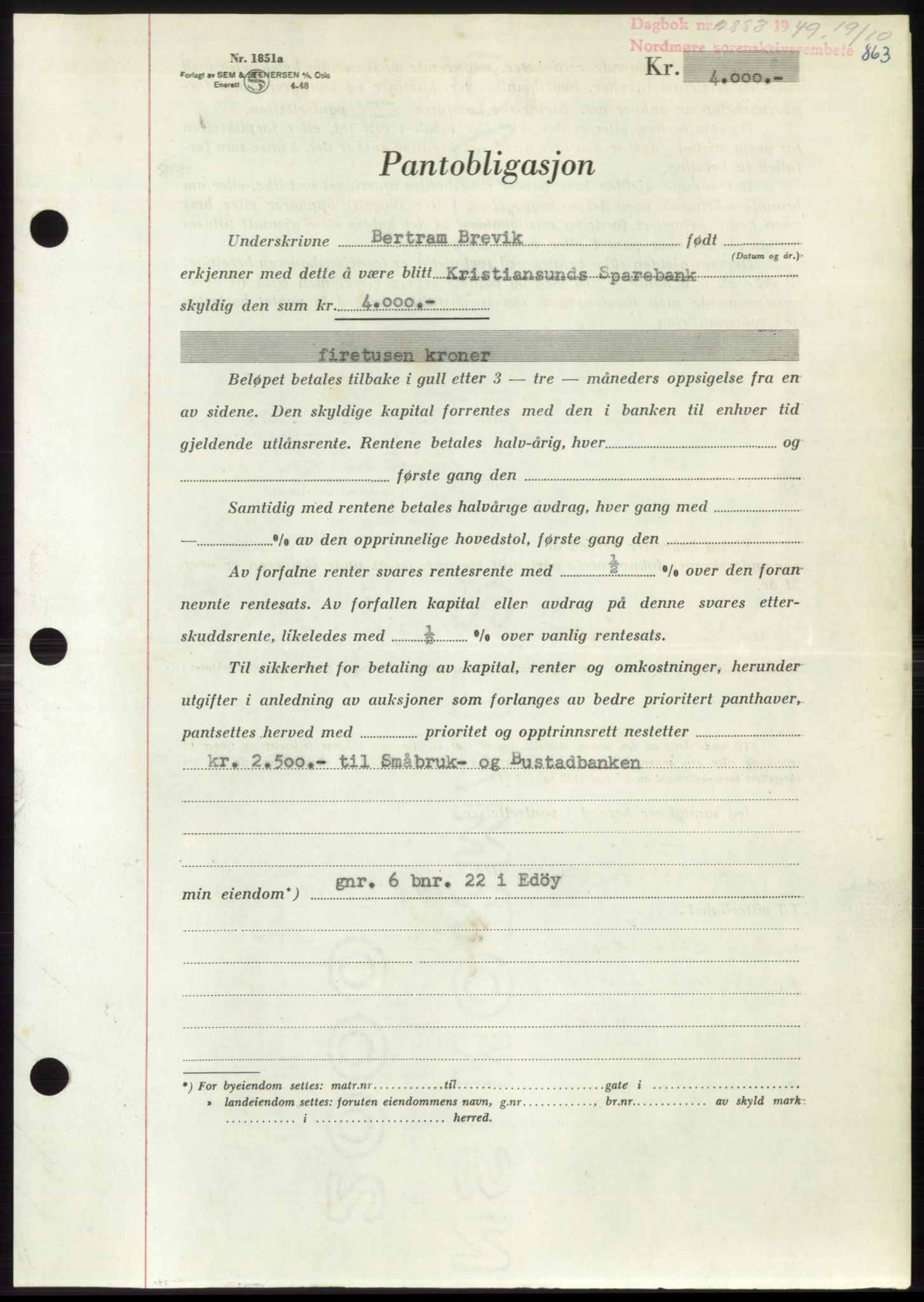 Nordmøre sorenskriveri, AV/SAT-A-4132/1/2/2Ca: Mortgage book no. B102, 1949-1949, Diary no: : 2883/1949