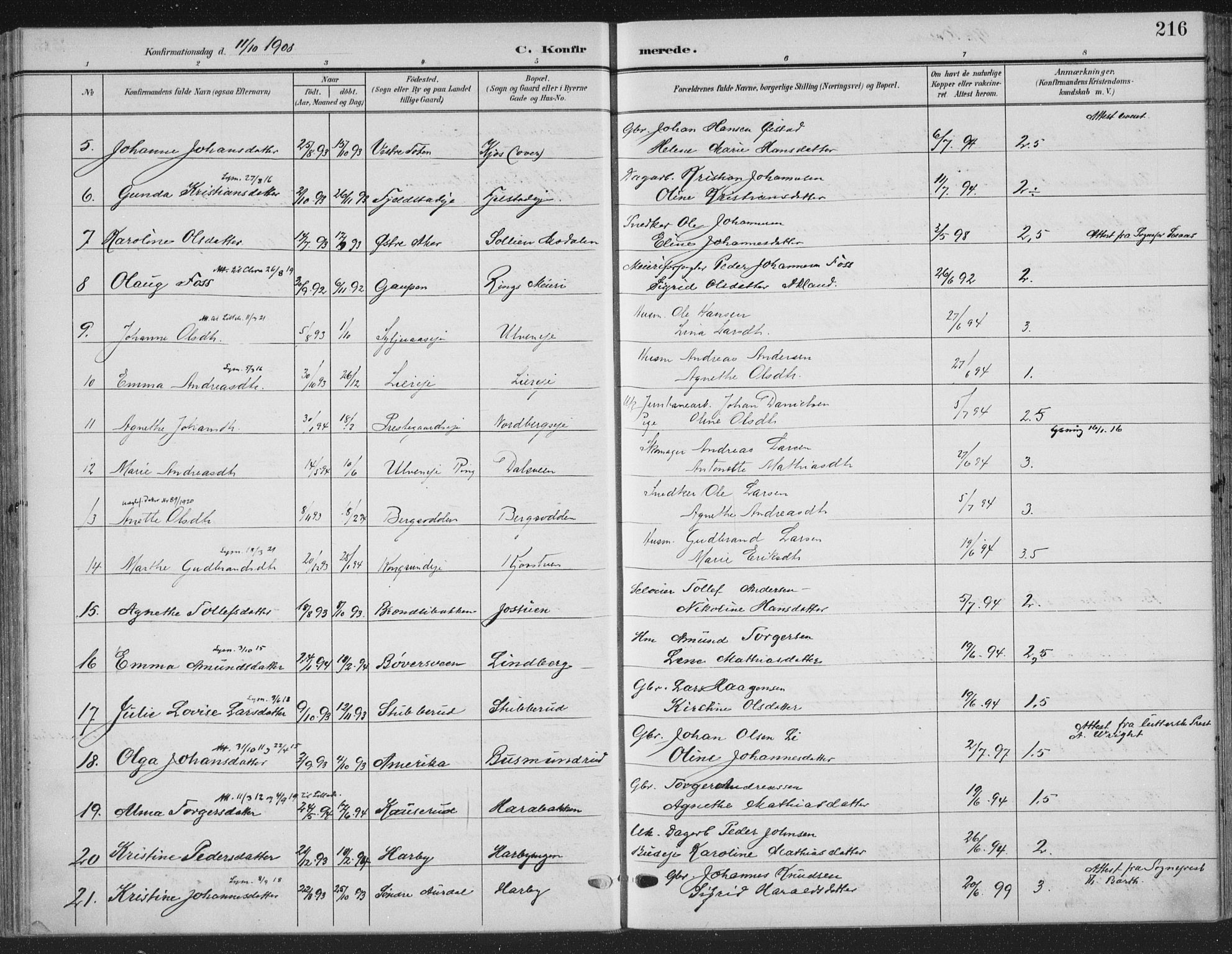 Ringsaker prestekontor, SAH/PREST-014/K/Ka/L0018: Parish register (official) no. 18, 1903-1912, p. 216
