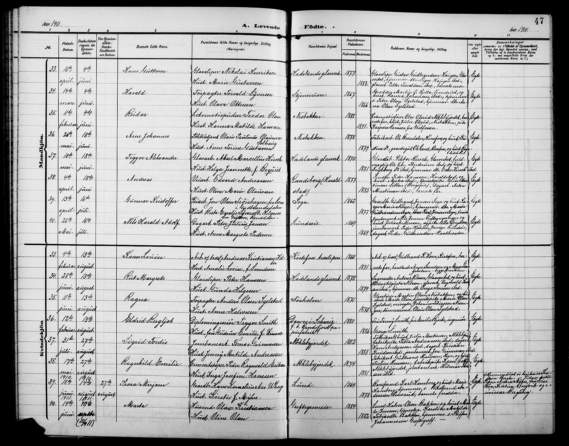 Jevnaker prestekontor, SAH/PREST-116/H/Ha/Hab/L0004: Parish register (copy) no. 4, 1907-1918, p. 47