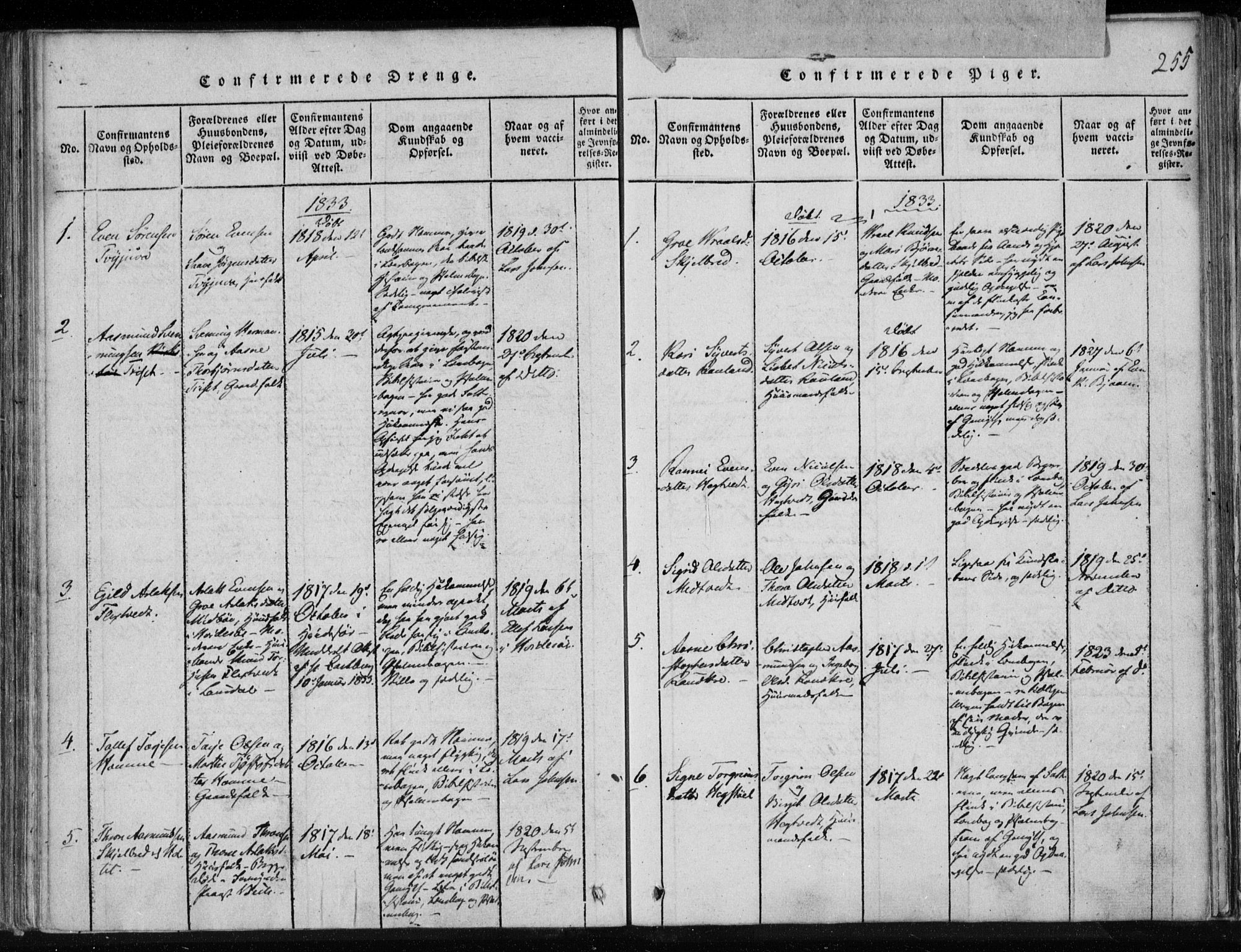 Lårdal kirkebøker, SAKO/A-284/F/Fa/L0005: Parish register (official) no. I 5, 1815-1860, p. 255