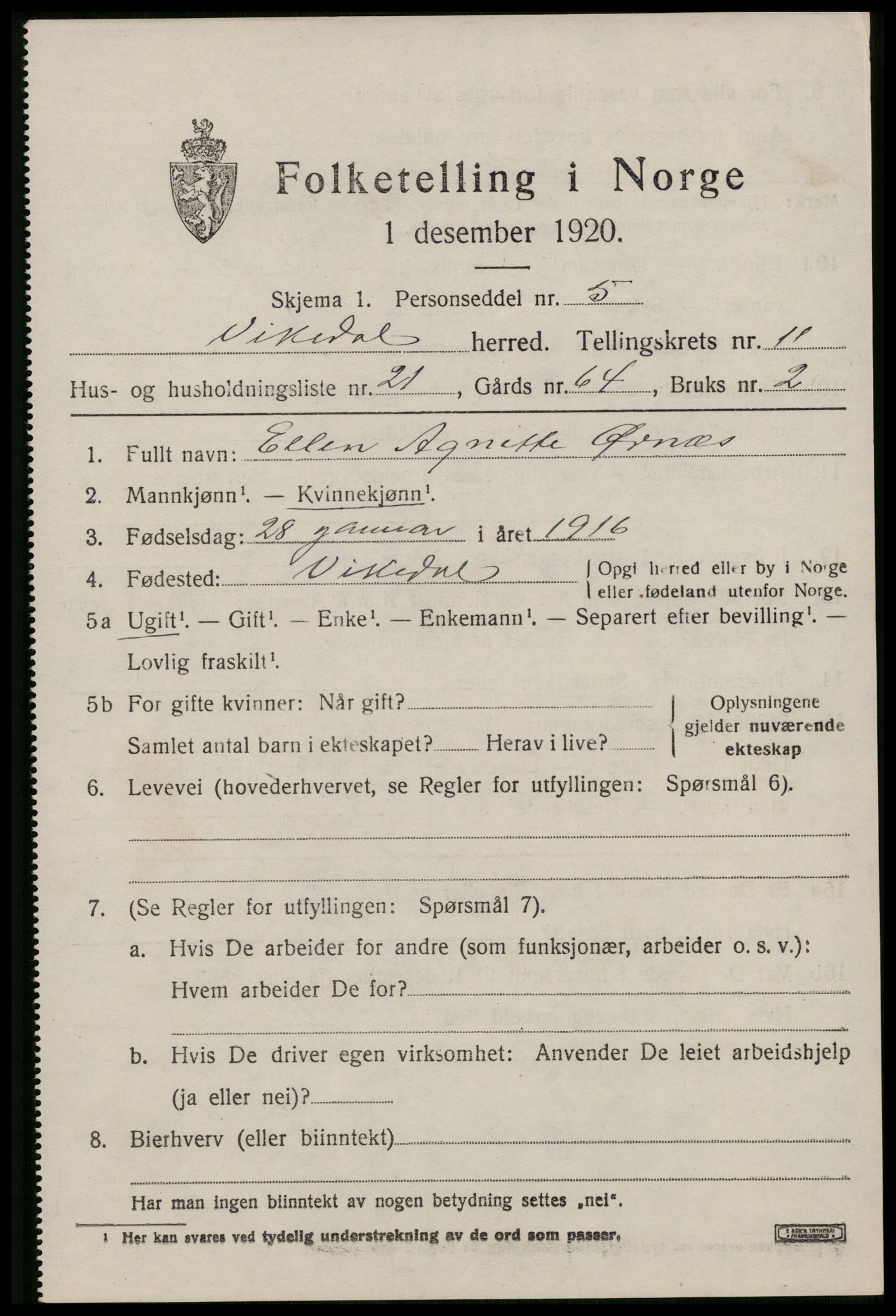 SAST, 1920 census for Vikedal, 1920, p. 3749