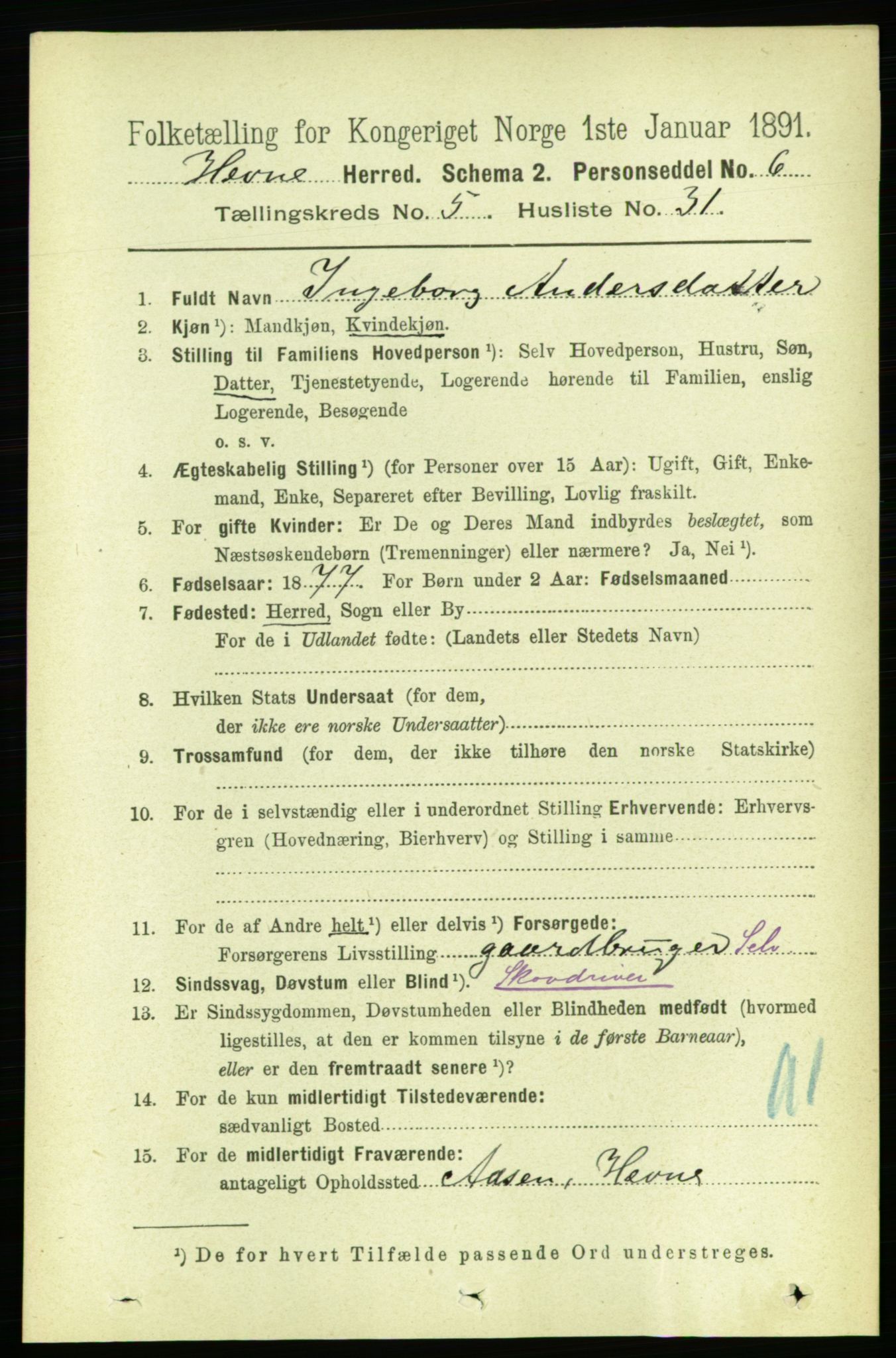 RA, 1891 census for 1612 Hemne, 1891, p. 2665