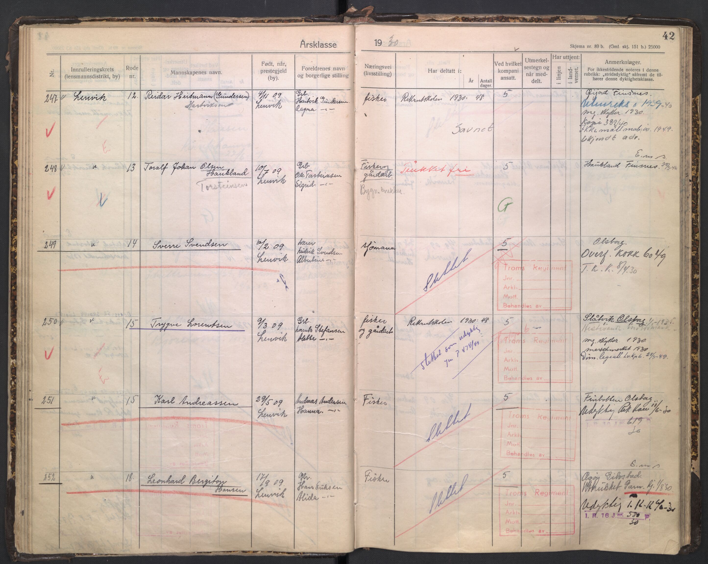 Forsvaret, Troms infanteriregiment nr. 16, AV/RA-RAFA-3146/P/Pa/L0005/0003: Ruller / Rulle for regimentets stridende menige mannskaper, årsklasse 1930, 1930, p. 42