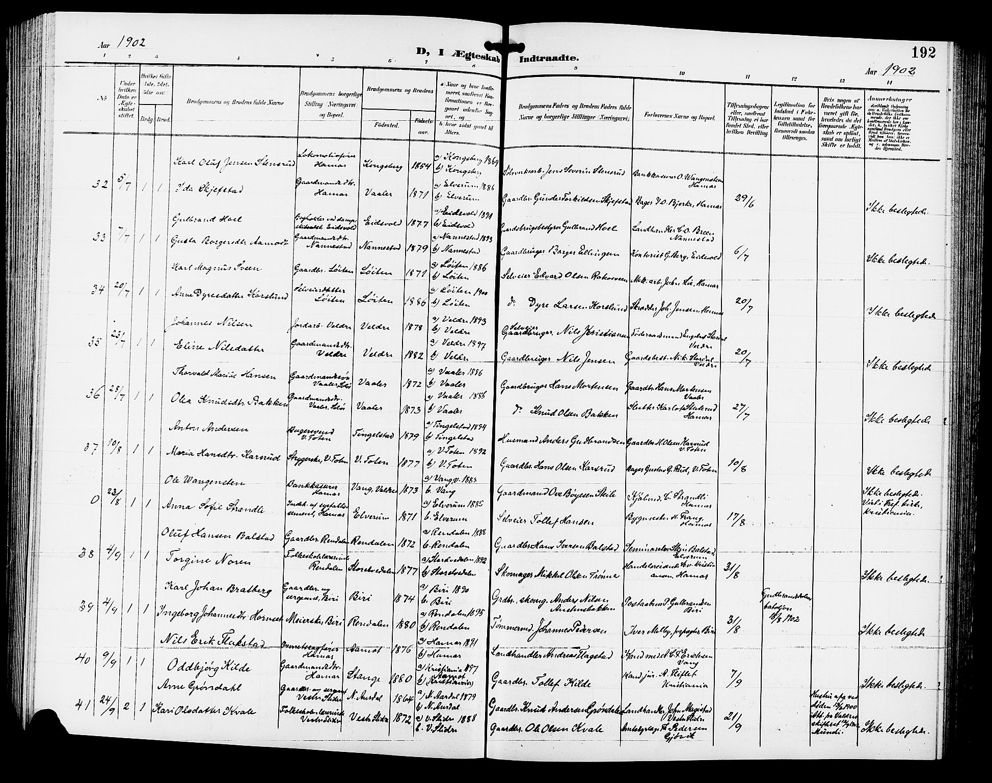 Hamar prestekontor, AV/SAH-DOMPH-002/H/Ha/Hab/L0001: Parish register (copy) no. 1, 1899-1914, p. 192