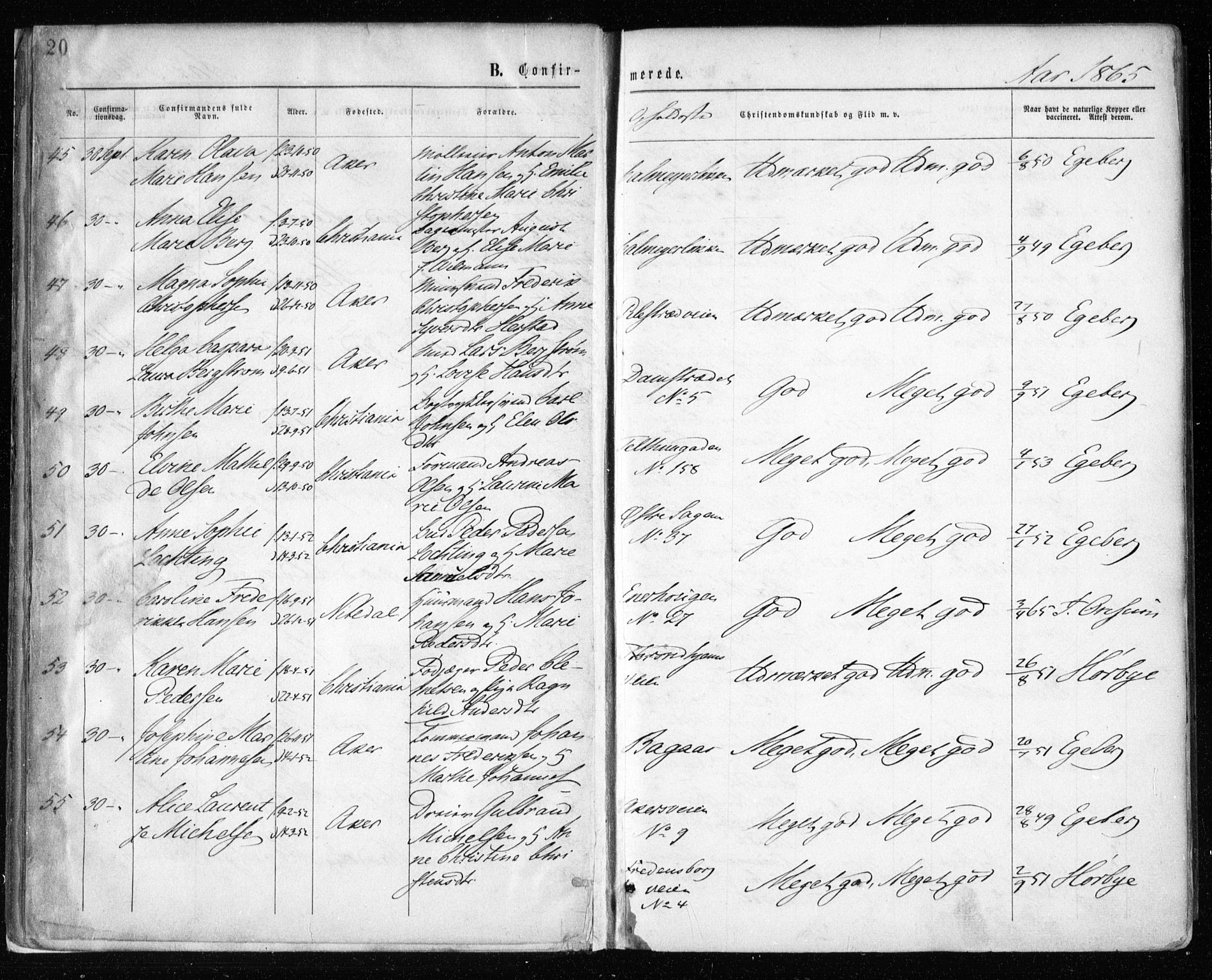 Gamle Aker prestekontor Kirkebøker, SAO/A-10617a/F/L0003: Parish register (official) no. 3, 1865-1873, p. 20