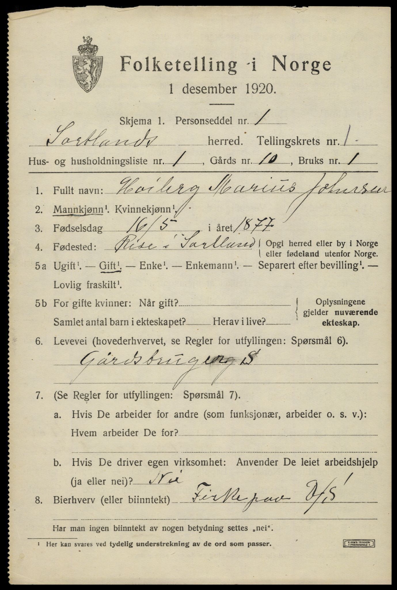 SAT, 1920 census for Sortland, 1920, p. 1556