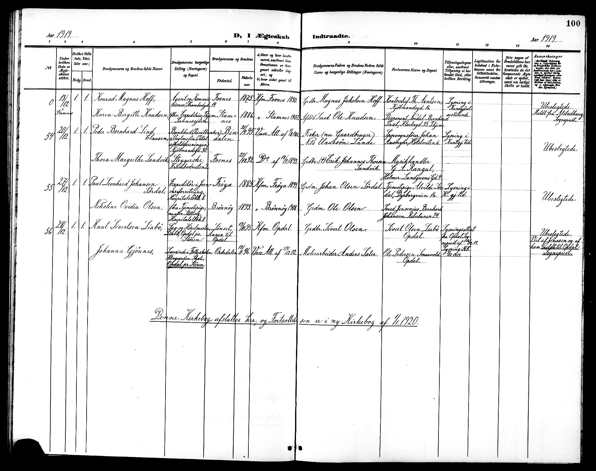Ministerialprotokoller, klokkerbøker og fødselsregistre - Sør-Trøndelag, SAT/A-1456/602/L0145: Parish register (copy) no. 602C13, 1902-1919, p. 100