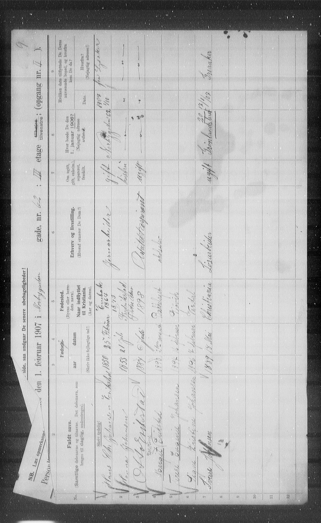 OBA, Municipal Census 1907 for Kristiania, 1907, p. 36960