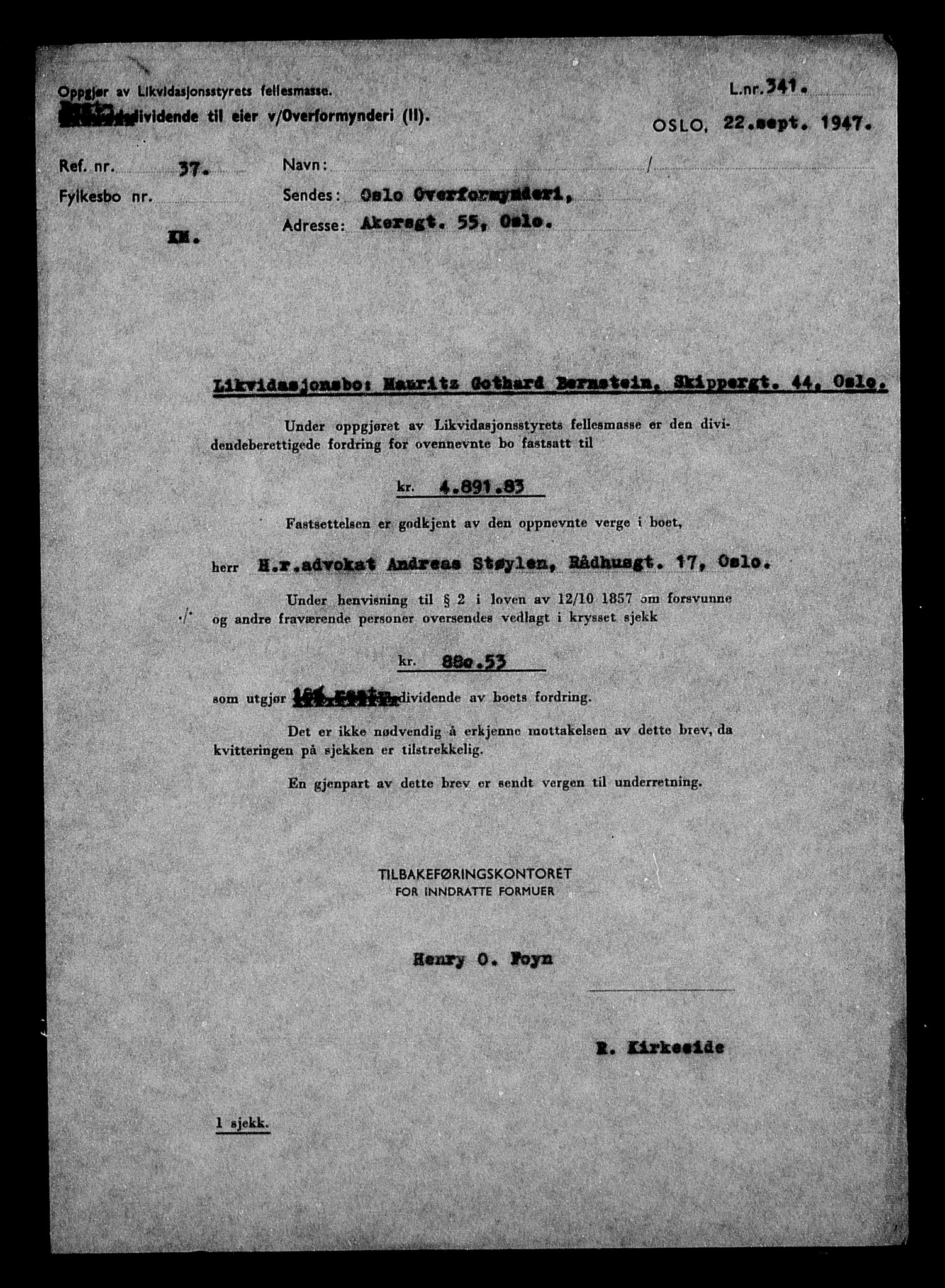 Justisdepartementet, Tilbakeføringskontoret for inndratte formuer, AV/RA-S-1564/H/Hc/Hcc/L0923: --, 1945-1947, p. 6