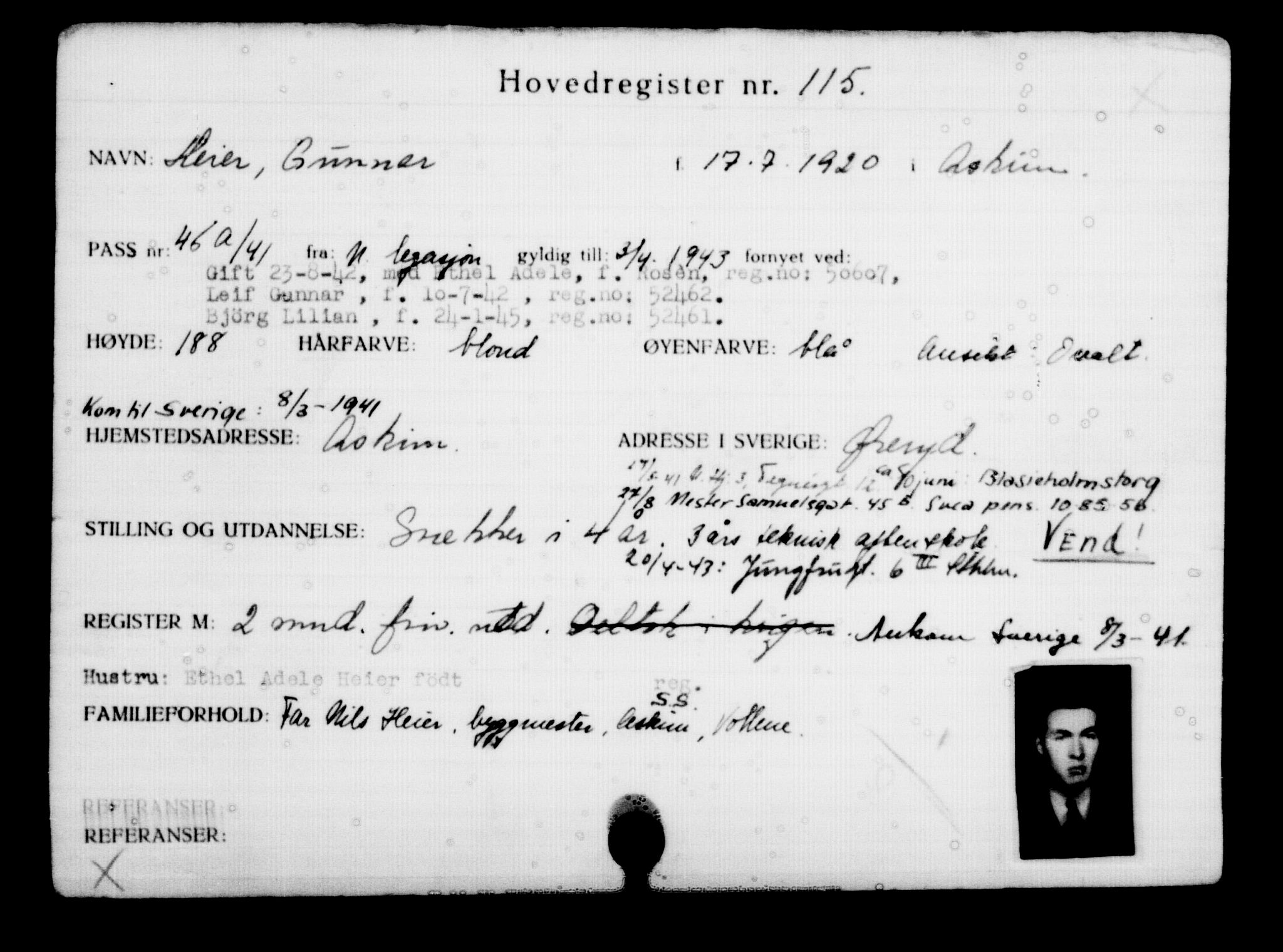 Utenriksstasjonene, Legasjonen i Stockholm, Flyktningkontoret, AV/RA-S-6753/V/Va/L0001: Kjesäterkartoteket, flyktninger med registreringsnr. 1-1000, 1940-1945, p. 190