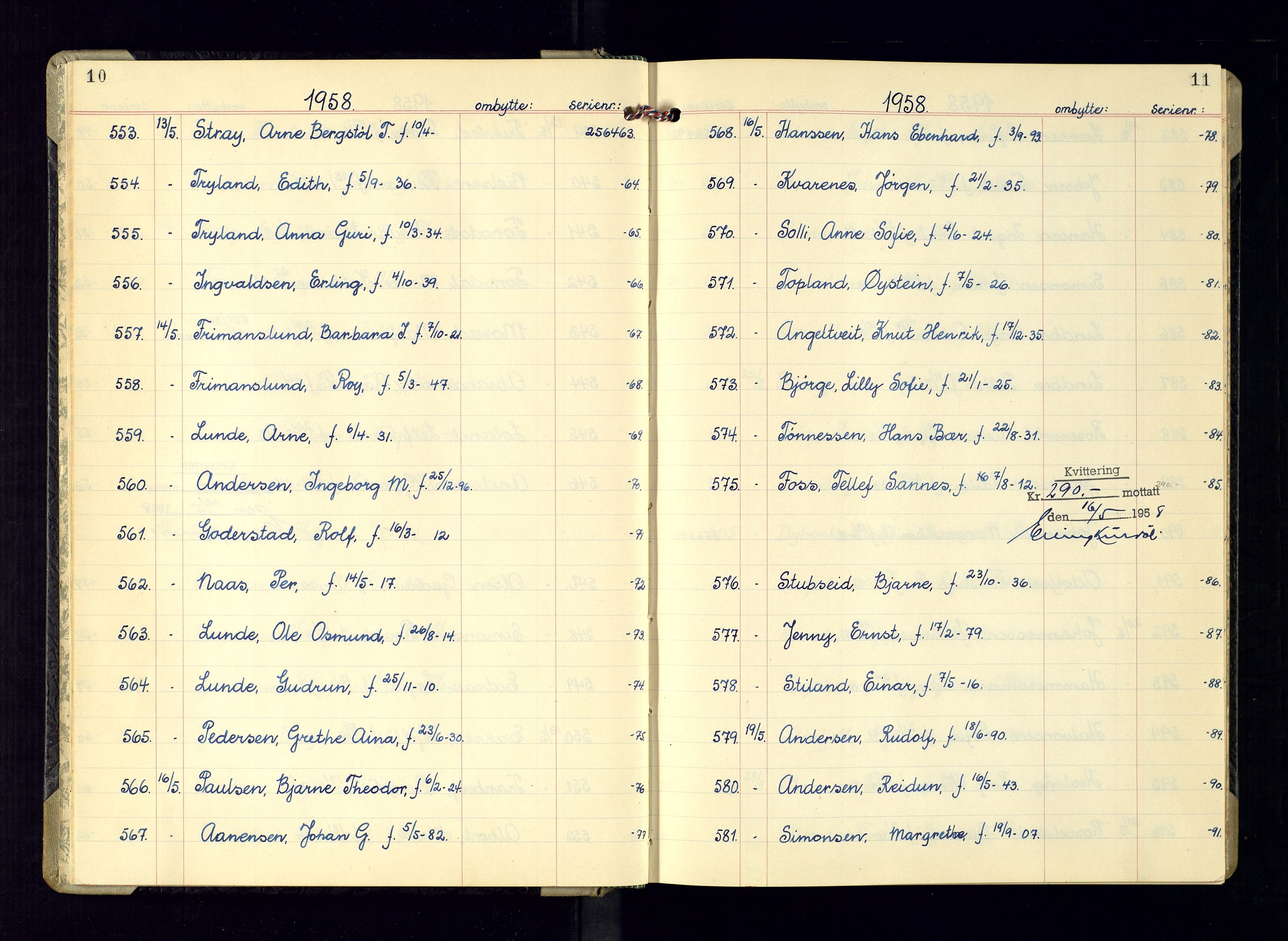 Kristiansand politikammer - 2, SAK/1243-0009/K/Ka/Kaa/L0614: Passprotokoll, liste med løpenumre, 1958-1962, p. 10-11