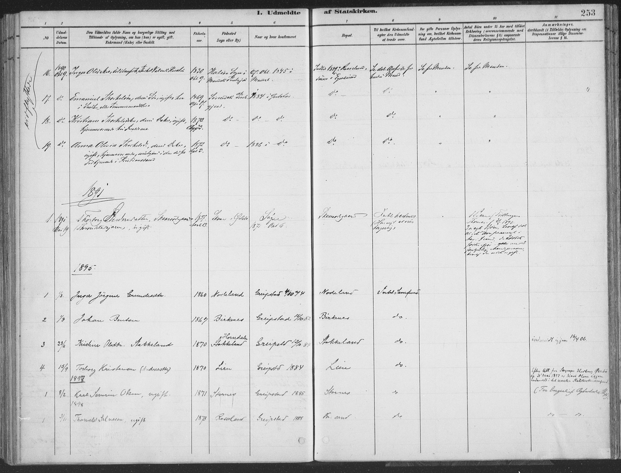 Søgne sokneprestkontor, SAK/1111-0037/F/Fa/Faa/L0003: Parish register (official) no. A 3, 1883-1910, p. 253