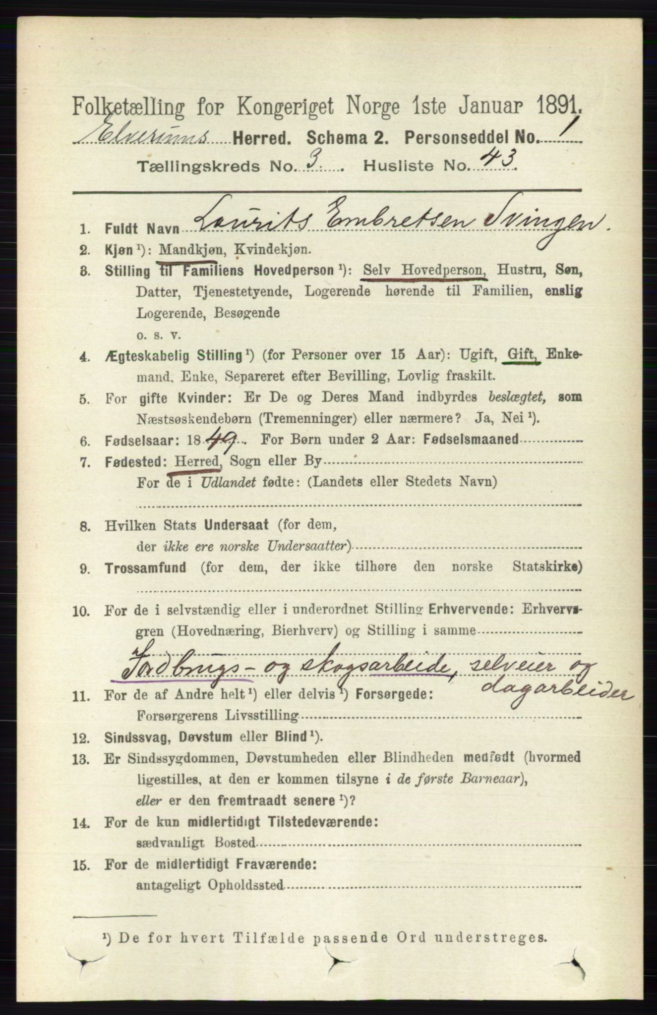 RA, 1891 census for 0427 Elverum, 1891, p. 2115