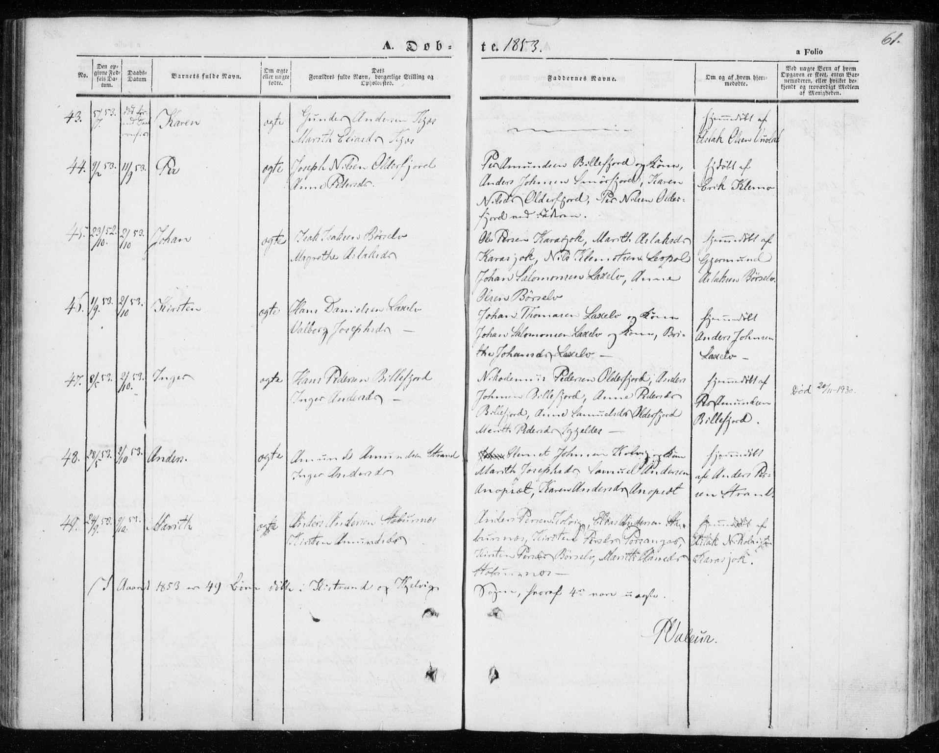 Kistrand/Porsanger sokneprestembete, SATØ/S-1351/H/Ha/L0004.kirke: Parish register (official) no. 4, 1843-1860, p. 61