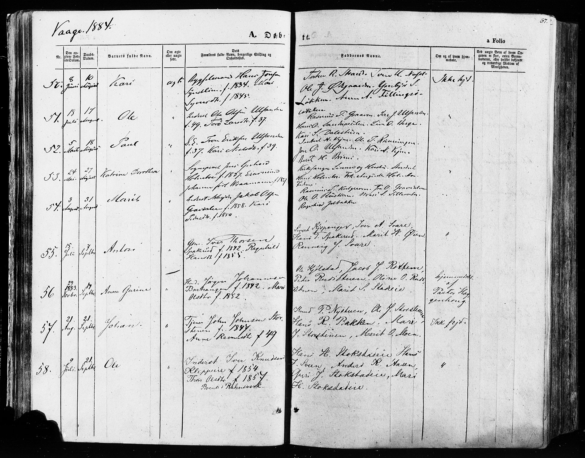 Vågå prestekontor, AV/SAH-PREST-076/H/Ha/Haa/L0007: Parish register (official) no. 7 /1, 1872-1886, p. 67