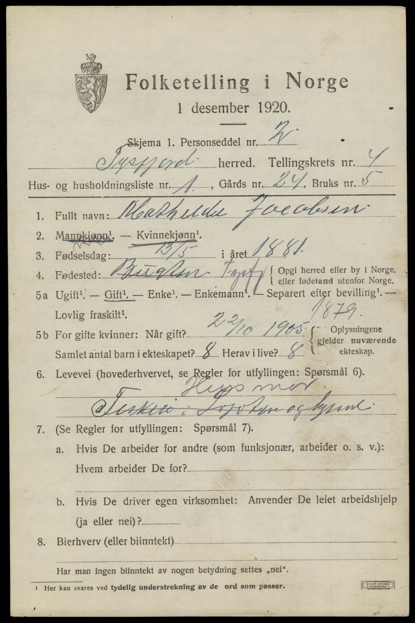 SAT, 1920 census for Tysfjord, 1920, p. 3167