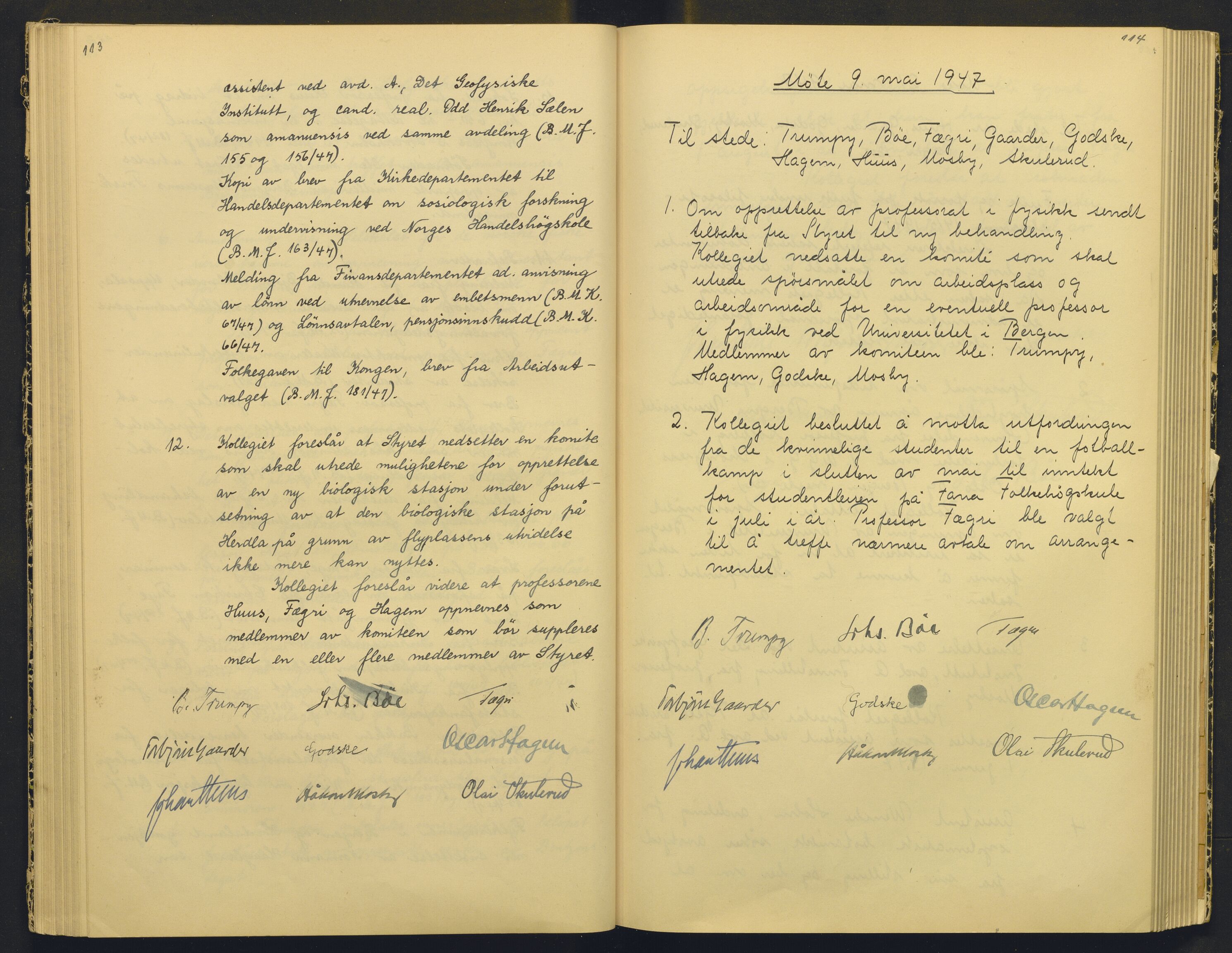 Bergens Museum, AV/SAB-A-17301/18/A/L0004: Professorkollegiets møtebok med register , 1945-1949, p. 113-114