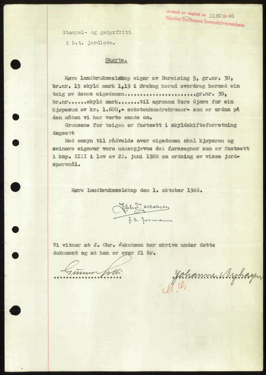 Nordre Sunnmøre sorenskriveri, AV/SAT-A-0006/1/2/2C/2Ca: Mortgage book no. A23, 1946-1947, Diary no: : 2160/1946