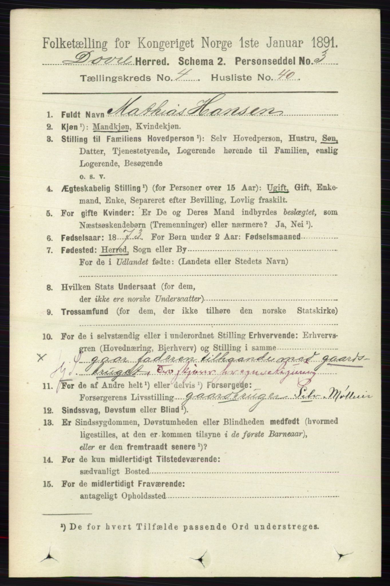 RA, 1891 census for 0511 Dovre, 1891, p. 2164