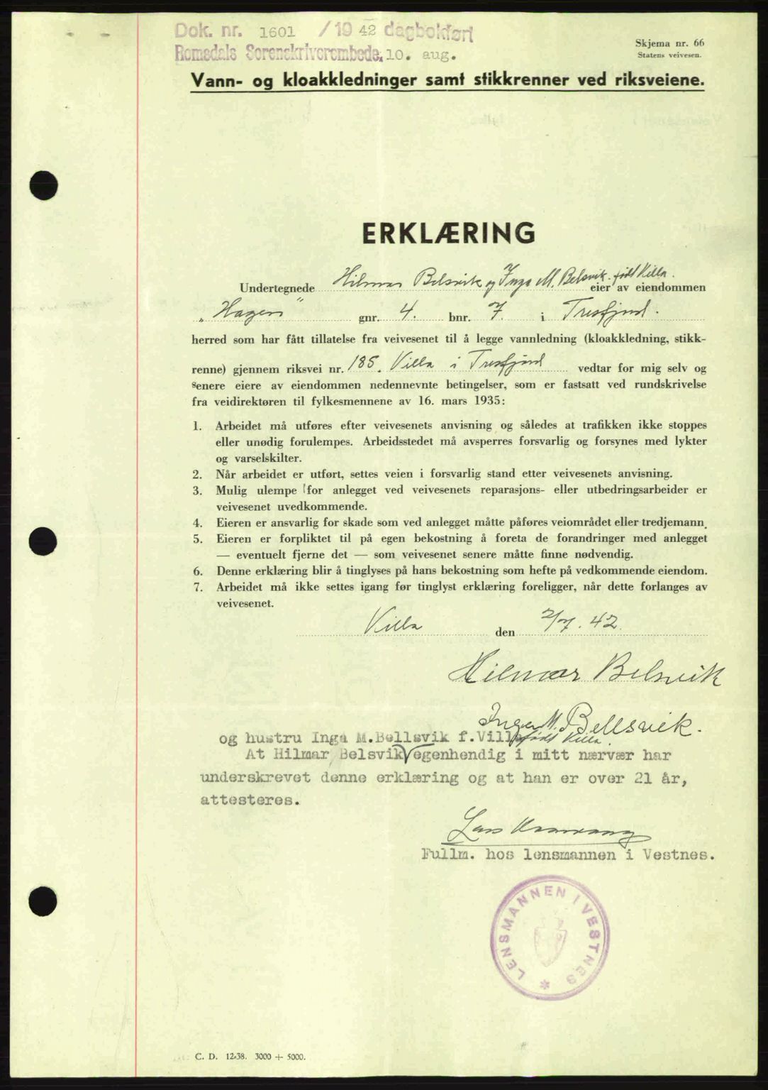 Romsdal sorenskriveri, AV/SAT-A-4149/1/2/2C: Mortgage book no. B2, 1939-1945, Diary no: : 1601/1942