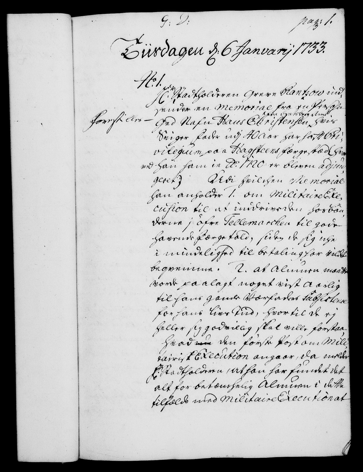 Rentekammeret, Kammerkanselliet, RA/EA-3111/G/Gh/Gha/L0015: Norsk ekstraktmemorialprotokoll (merket RK 53.60), 1733, p. 1
