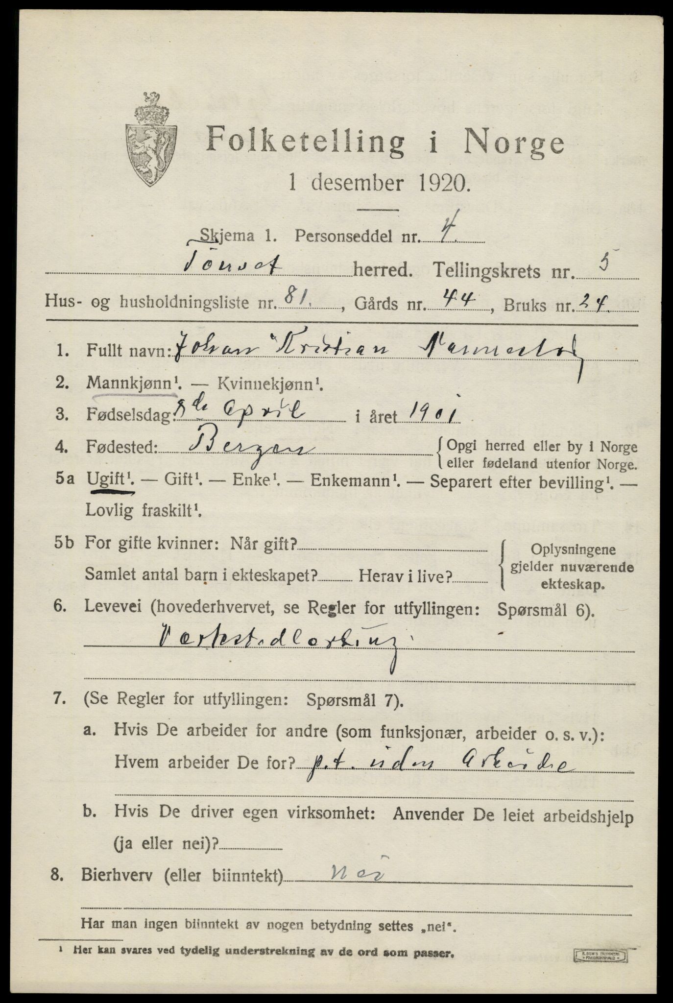 SAH, 1920 census for Tynset, 1920, p. 5472