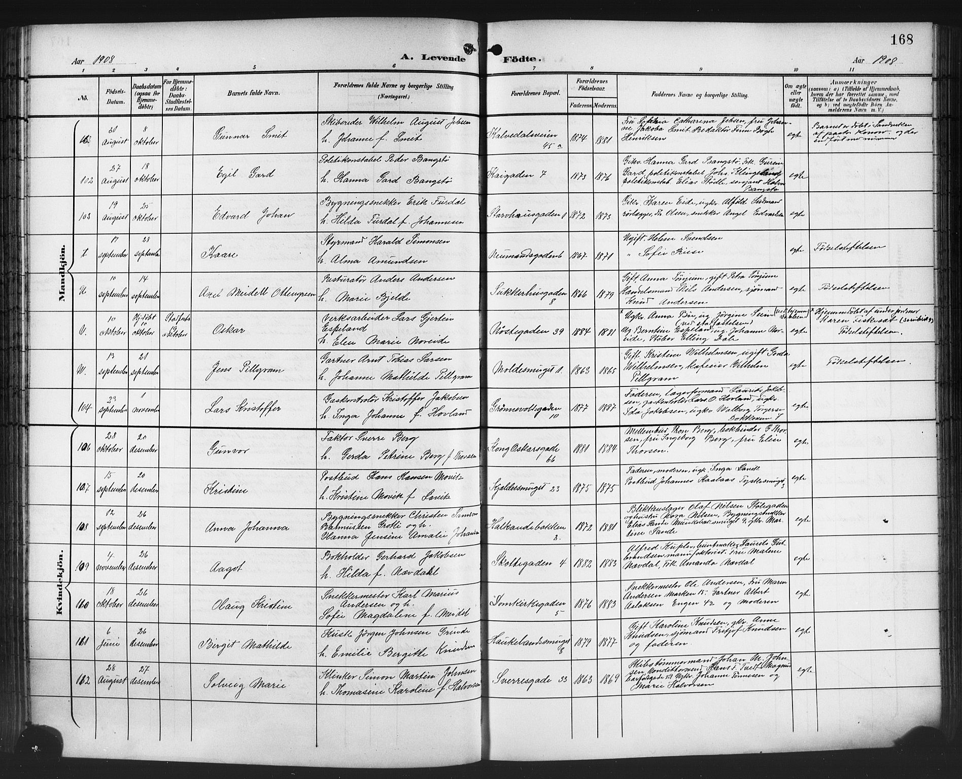 Domkirken sokneprestembete, SAB/A-74801/H/Hab/L0017: Parish register (copy) no. B 10, 1900-1915, p. 168