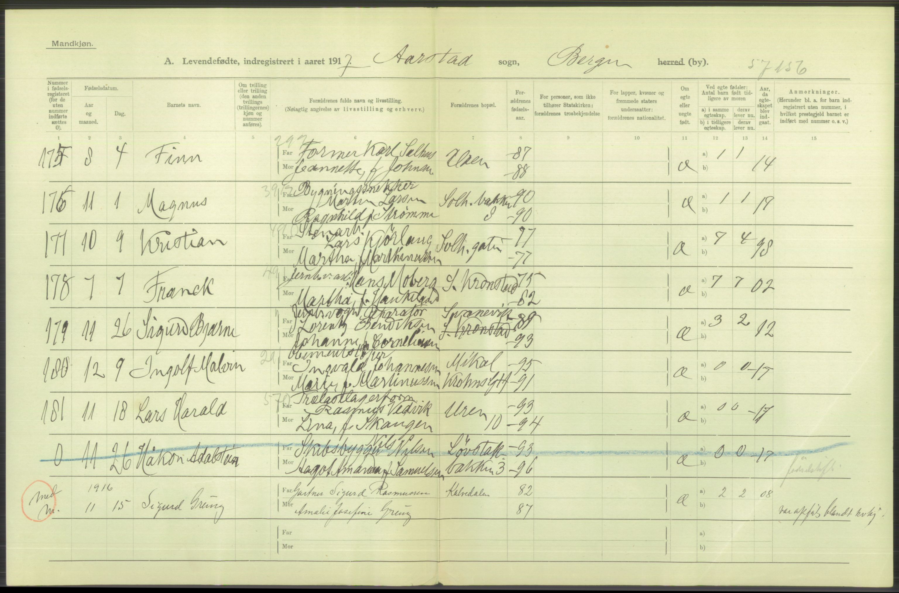 Statistisk sentralbyrå, Sosiodemografiske emner, Befolkning, AV/RA-S-2228/D/Df/Dfb/Dfbg/L0037: Bergen: Levendefødte menn og kvinner., 1917, p. 570