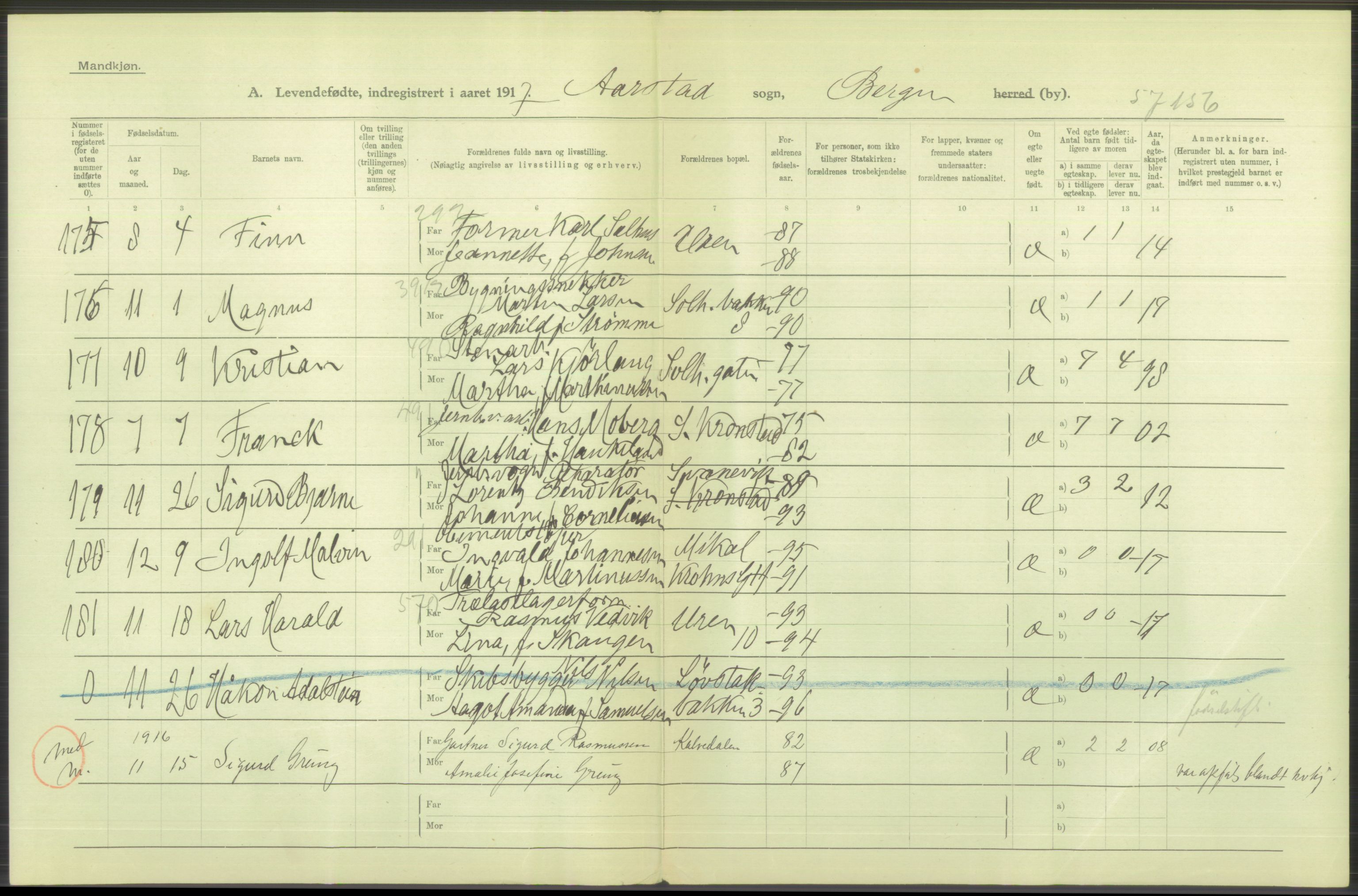 Statistisk sentralbyrå, Sosiodemografiske emner, Befolkning, RA/S-2228/D/Df/Dfb/Dfbg/L0037: Bergen: Levendefødte menn og kvinner., 1917, p. 570