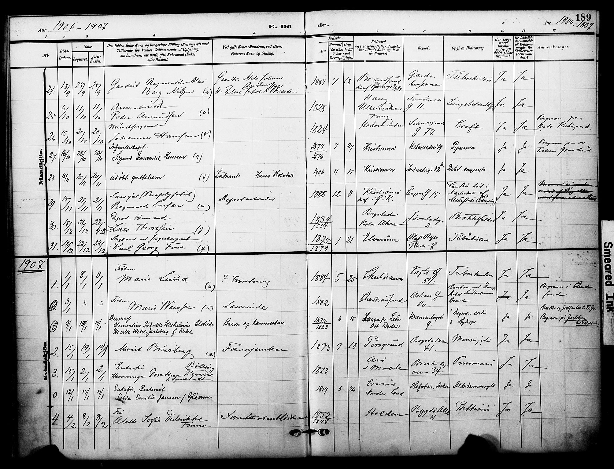 Garnisonsmenigheten Kirkebøker, SAO/A-10846/F/Fa/L0014: Parish register (official) no. 14, 1905-1914, p. 189